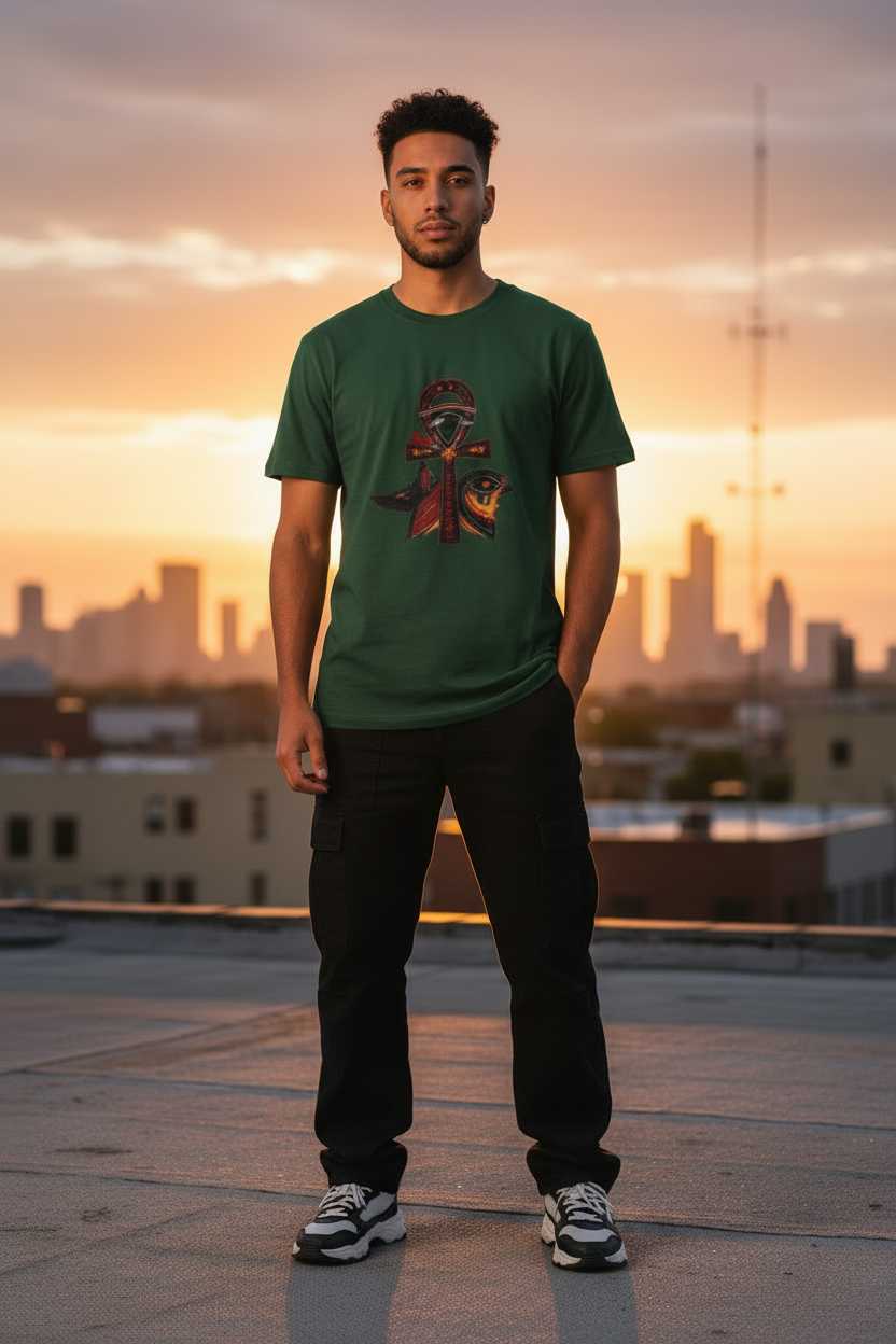 Latino Man Green Tee Rooftop Sunset