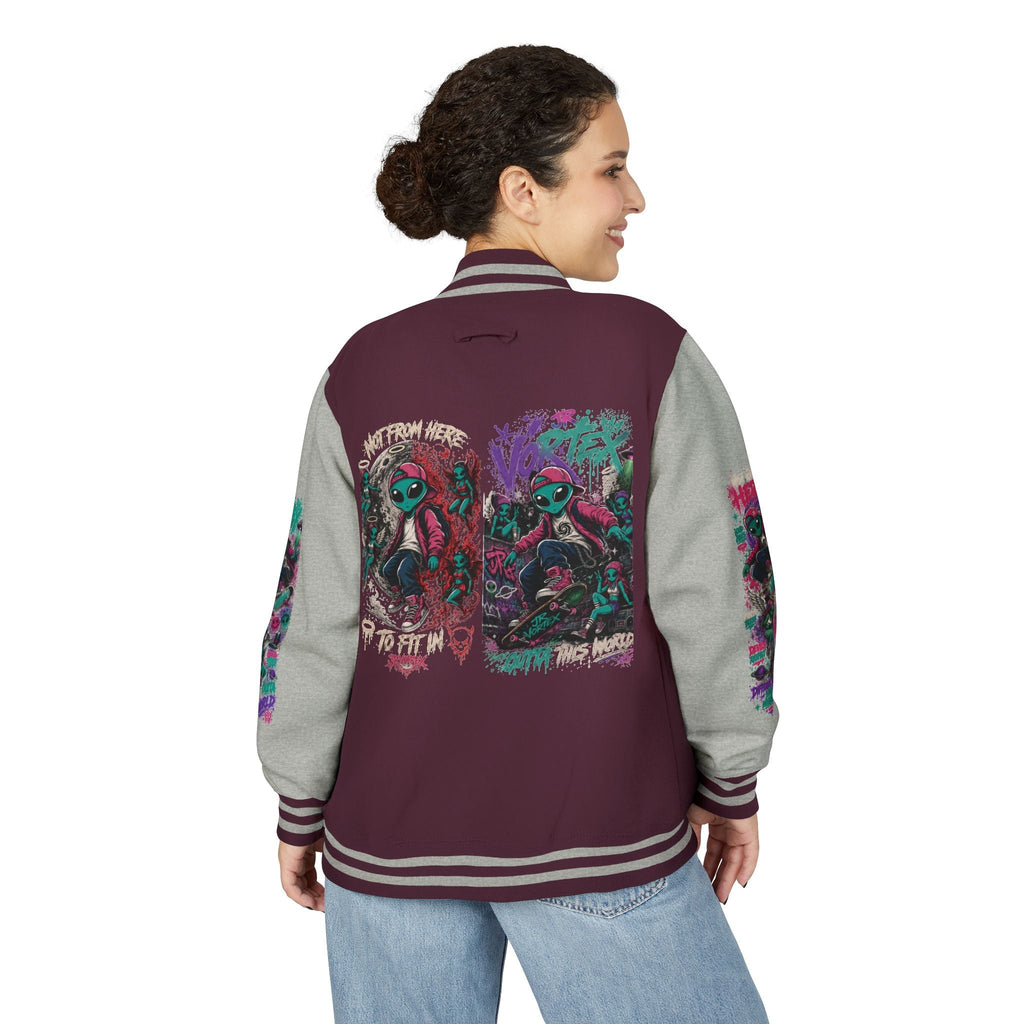 Letterman Jacket — Neon Alien Skull Graphic Varsity Jacket