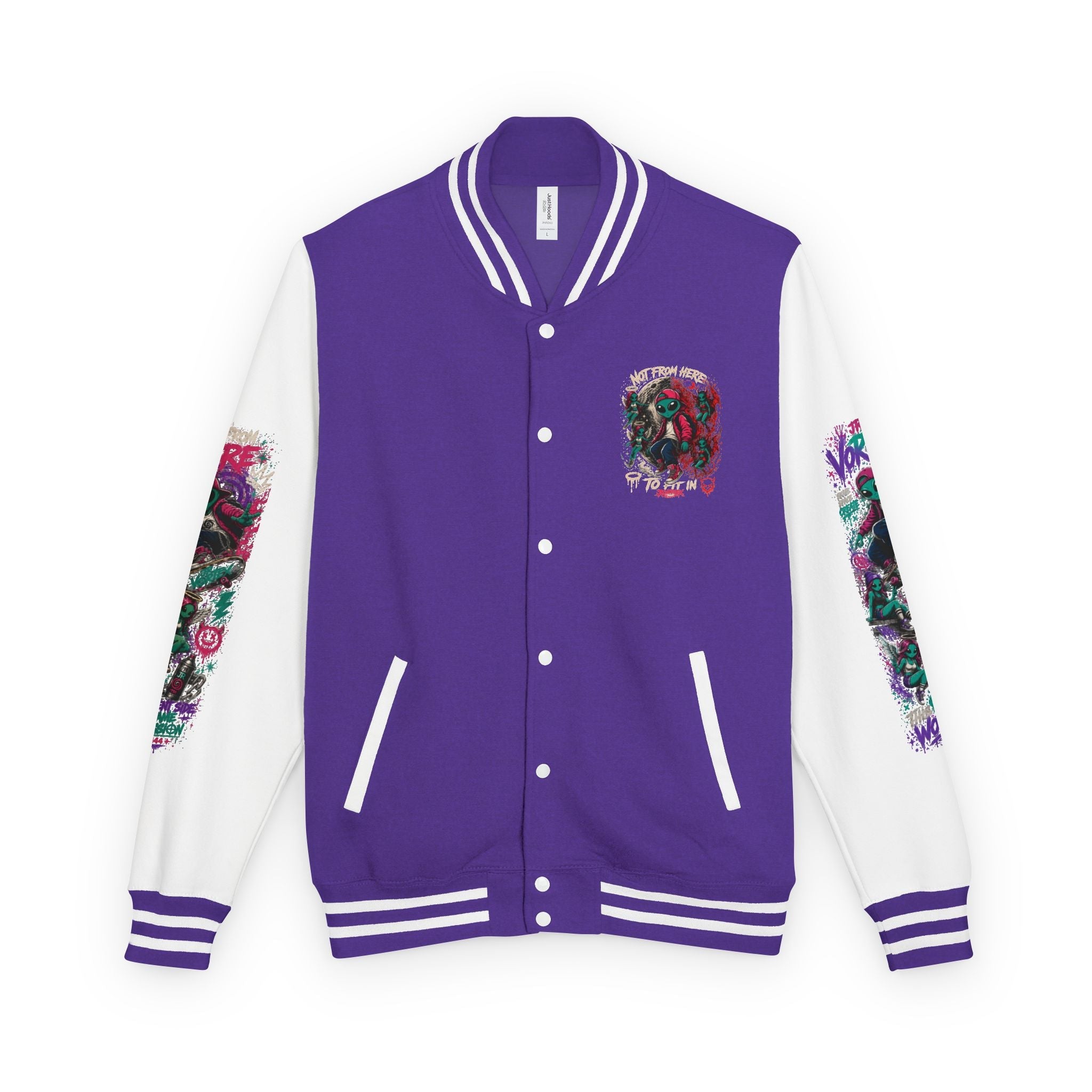 Letterman Jacket — Neon Alien Skull Graphic Varsity Jacket