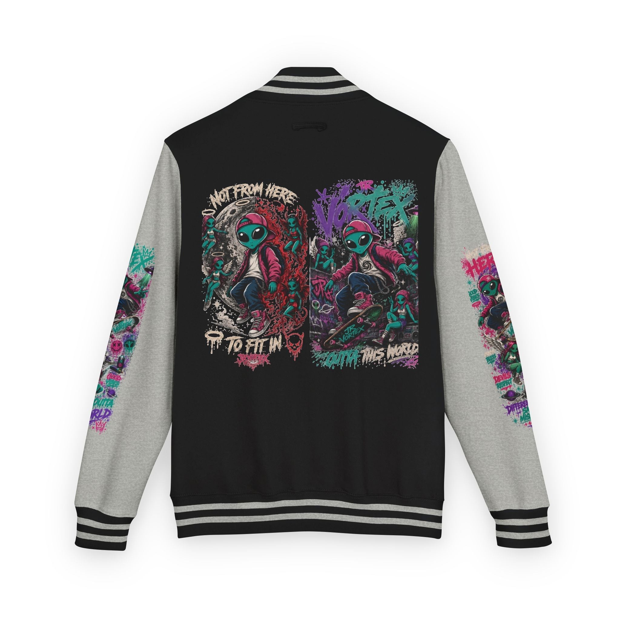Letterman Jacket — Neon Alien Skull Graphic Varsity Jacket