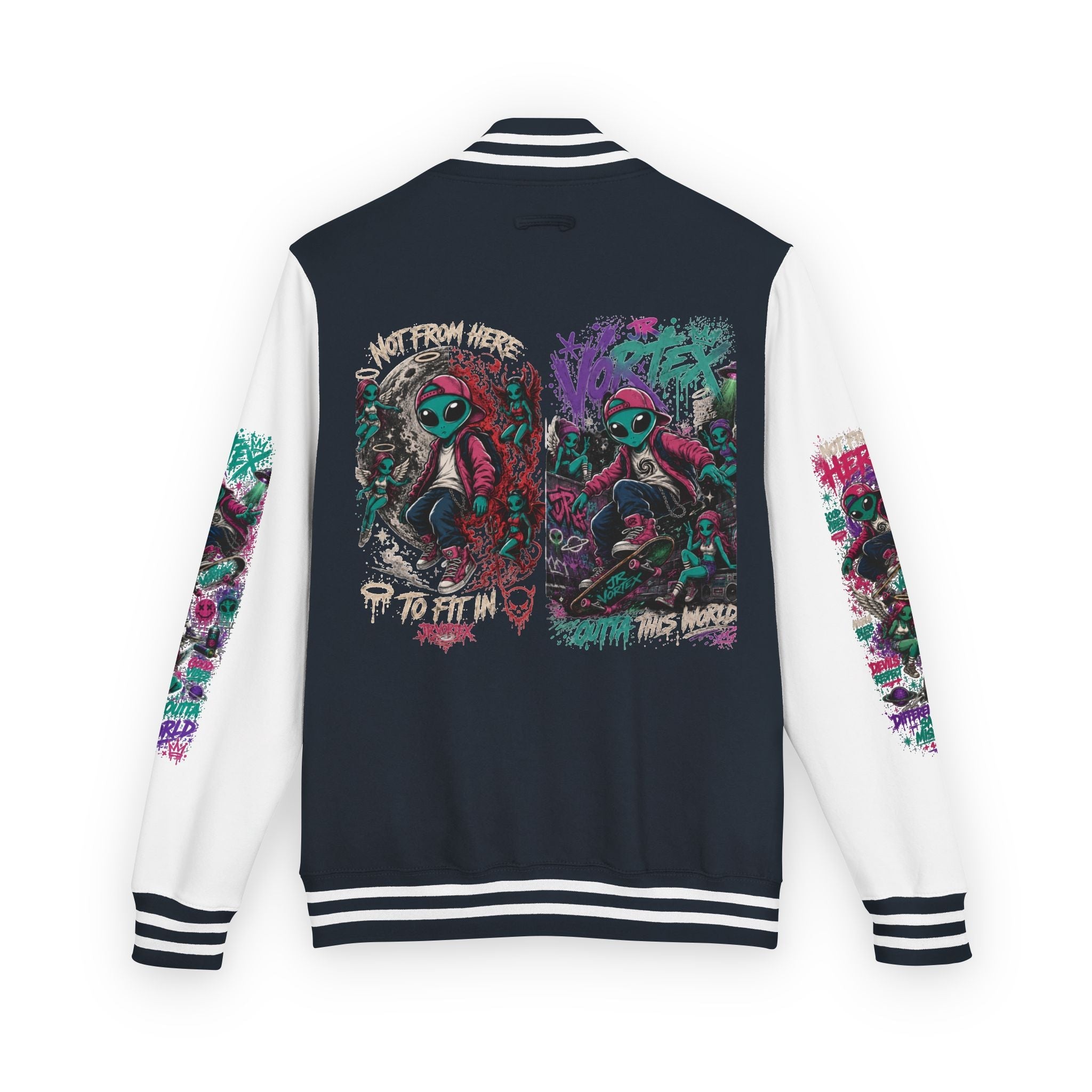 Letterman Jacket — Neon Alien Skull Graphic Varsity Jacket