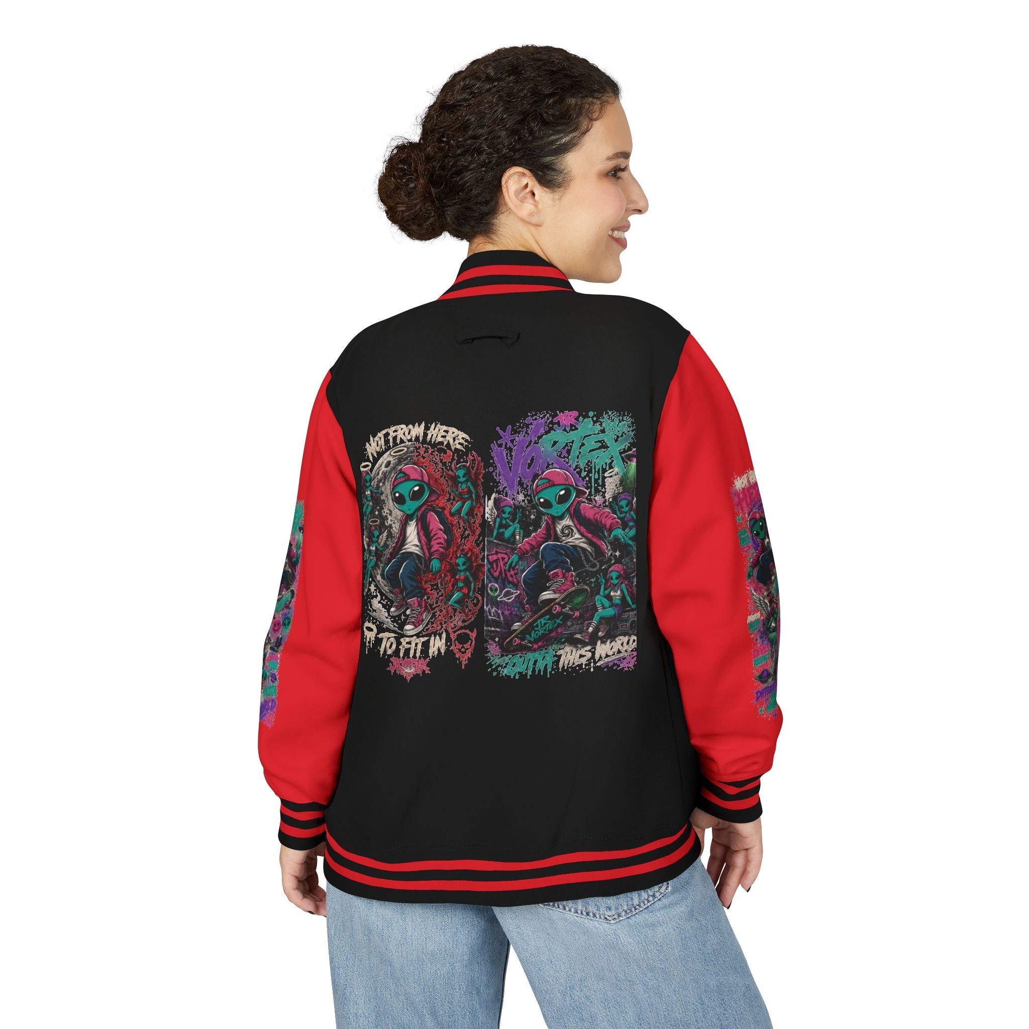 Letterman Jacket — Neon Alien Skull Graphic Varsity Jacket