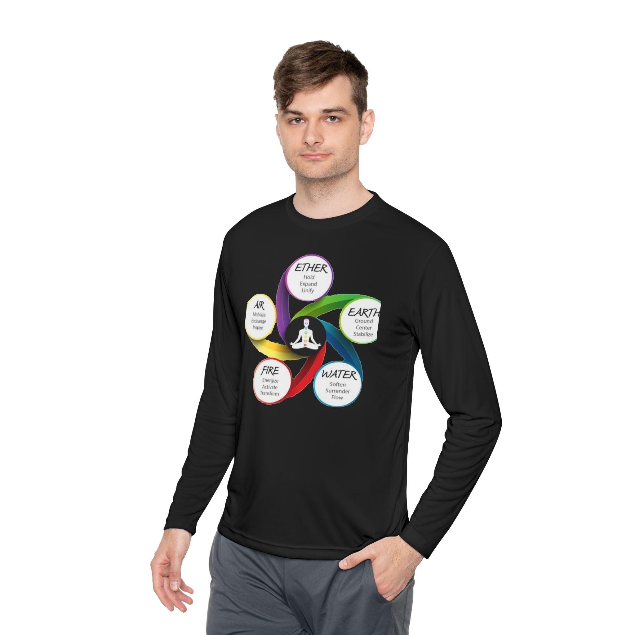 Long Sleeve Tee — Chakra Elements Diagram (Ether Air Earth Fire Water) Mindfulness Yoga Shirt