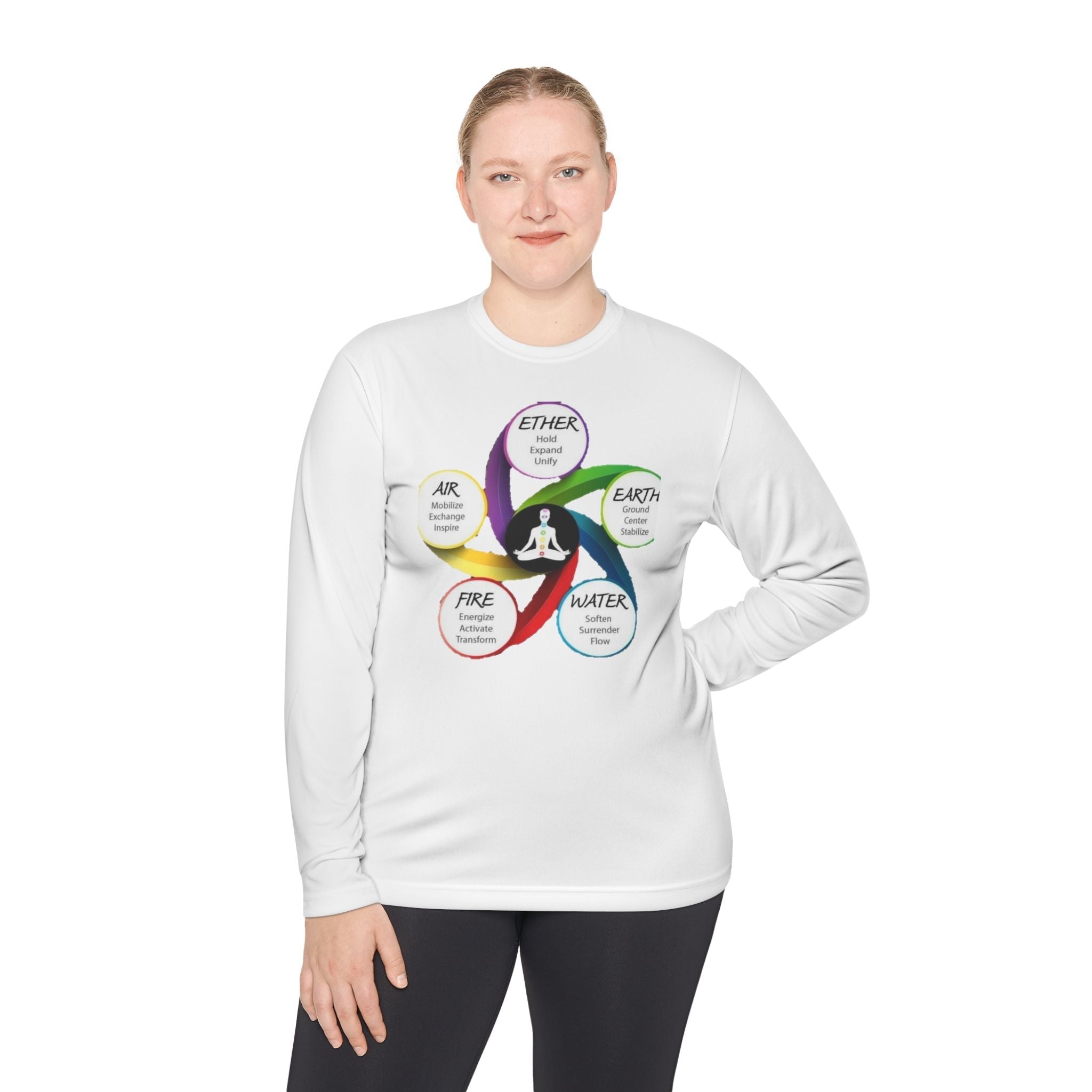 Long Sleeve Tee — Chakra Elements Diagram (Ether Air Earth Fire Water) Mindfulness Yoga Shirt