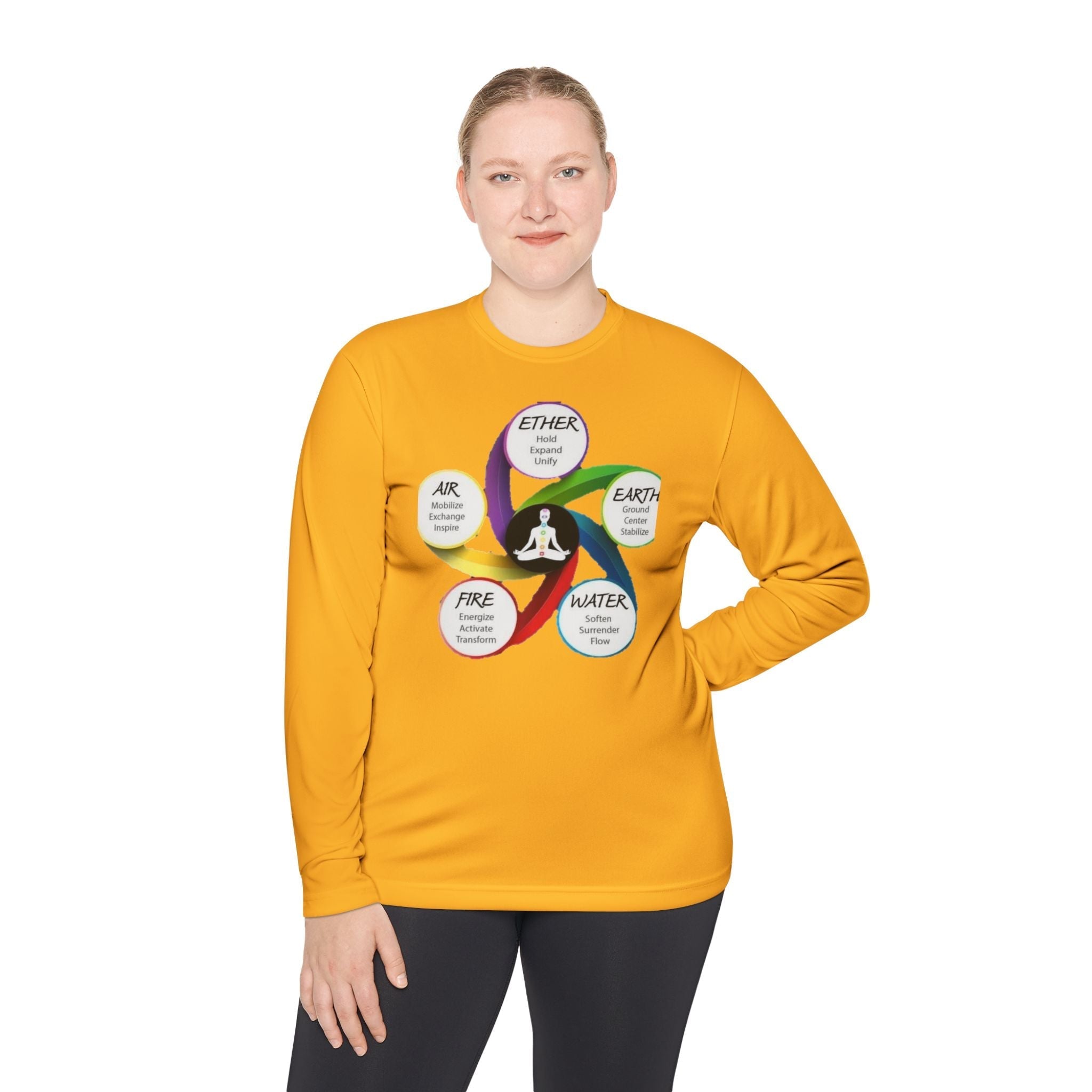 Long Sleeve Tee — Chakra Elements Diagram (Ether Air Earth Fire Water) Mindfulness Yoga Shirt Printify
