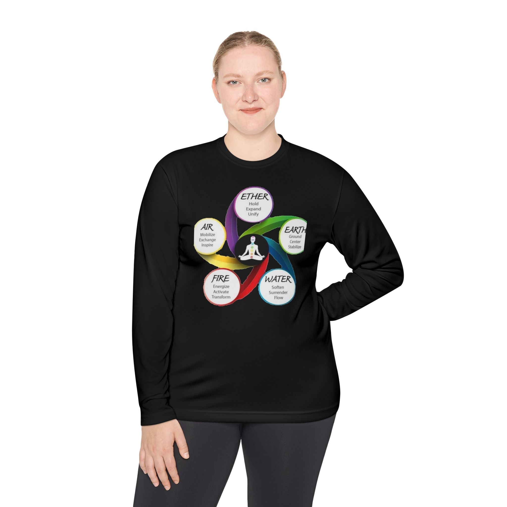 Long Sleeve Tee — Chakra Elements Diagram (Ether Air Earth Fire Water) Mindfulness Yoga Shirt