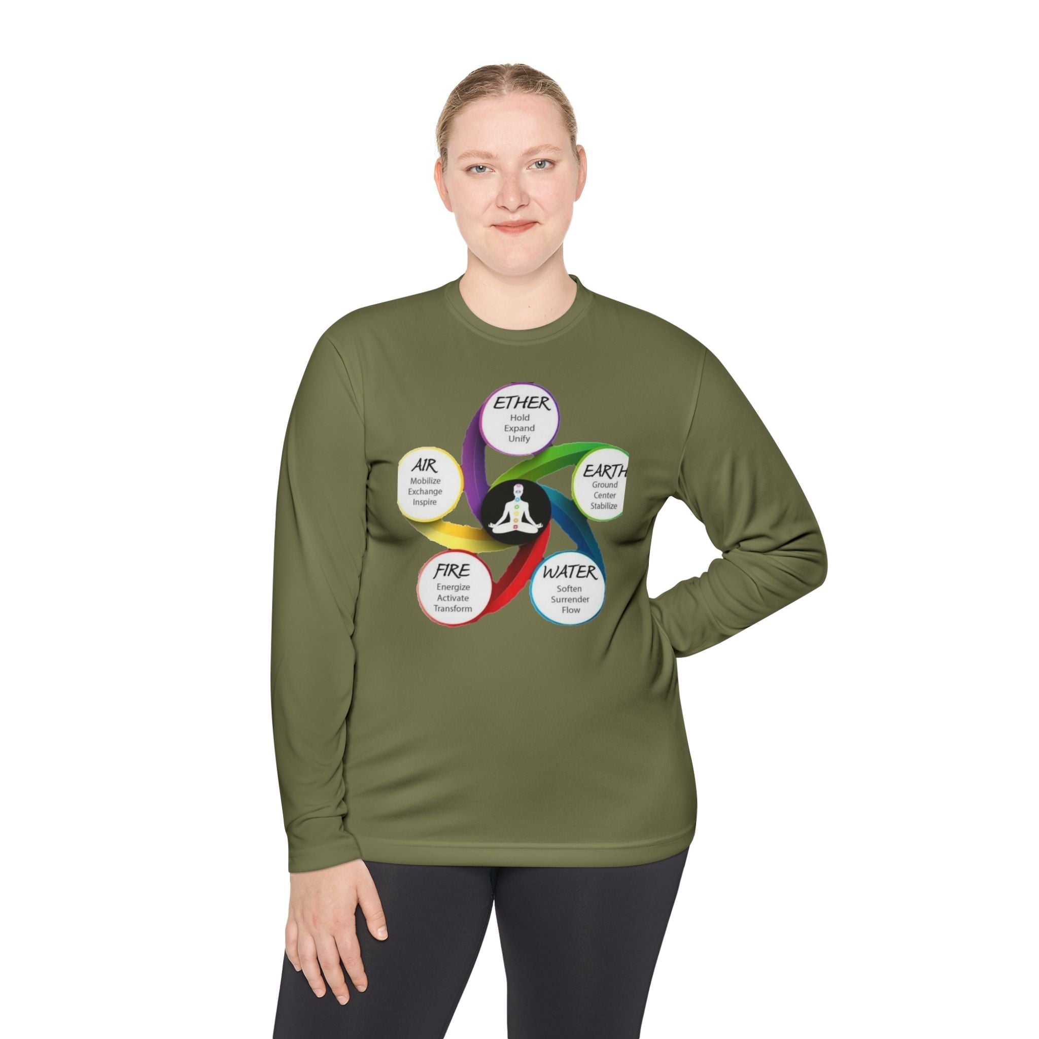 Long Sleeve Tee — Chakra Elements Diagram (Ether Air Earth Fire Water) Mindfulness Yoga Shirt