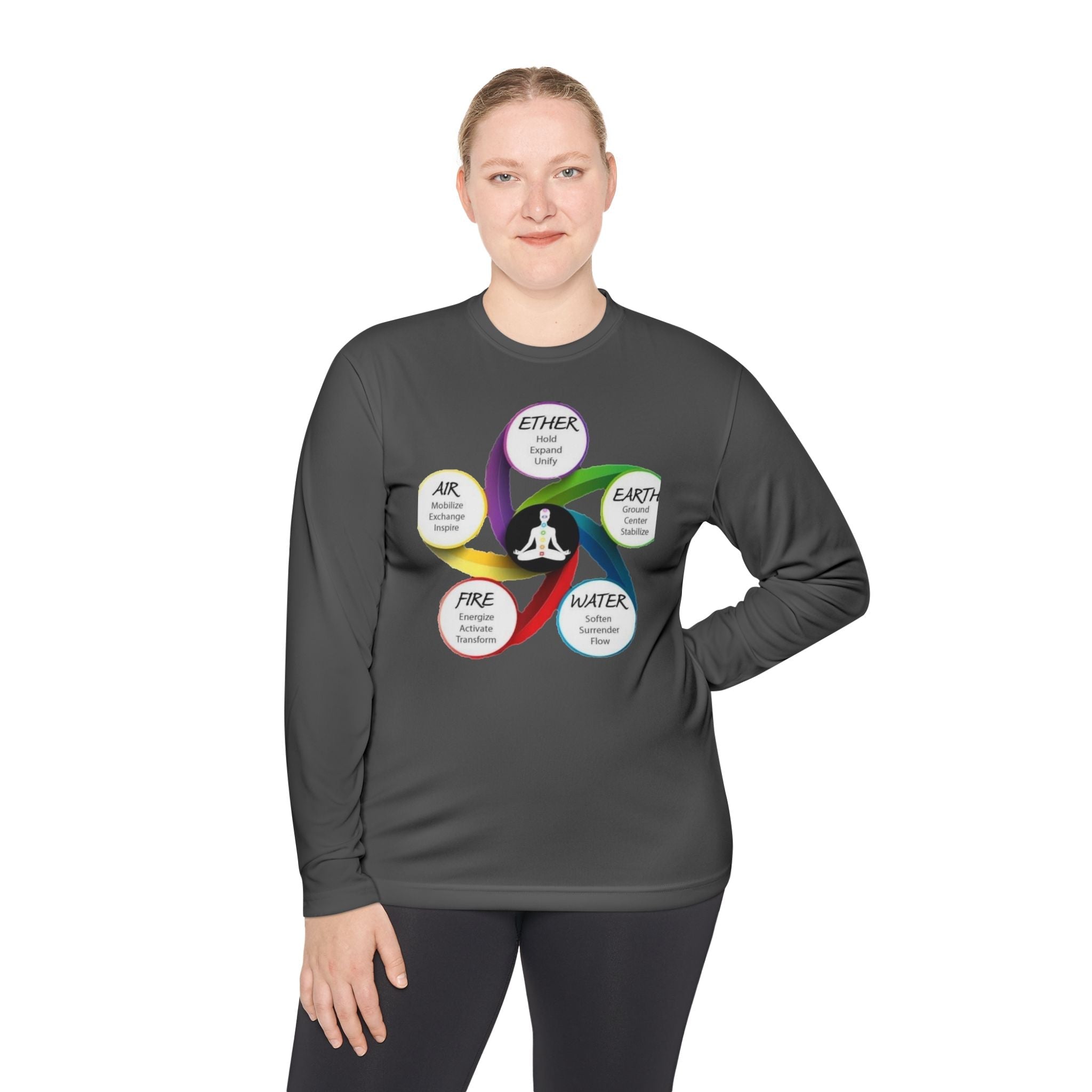 Long Sleeve Tee — Chakra Elements Diagram (Ether Air Earth Fire Water) Mindfulness Yoga Shirt