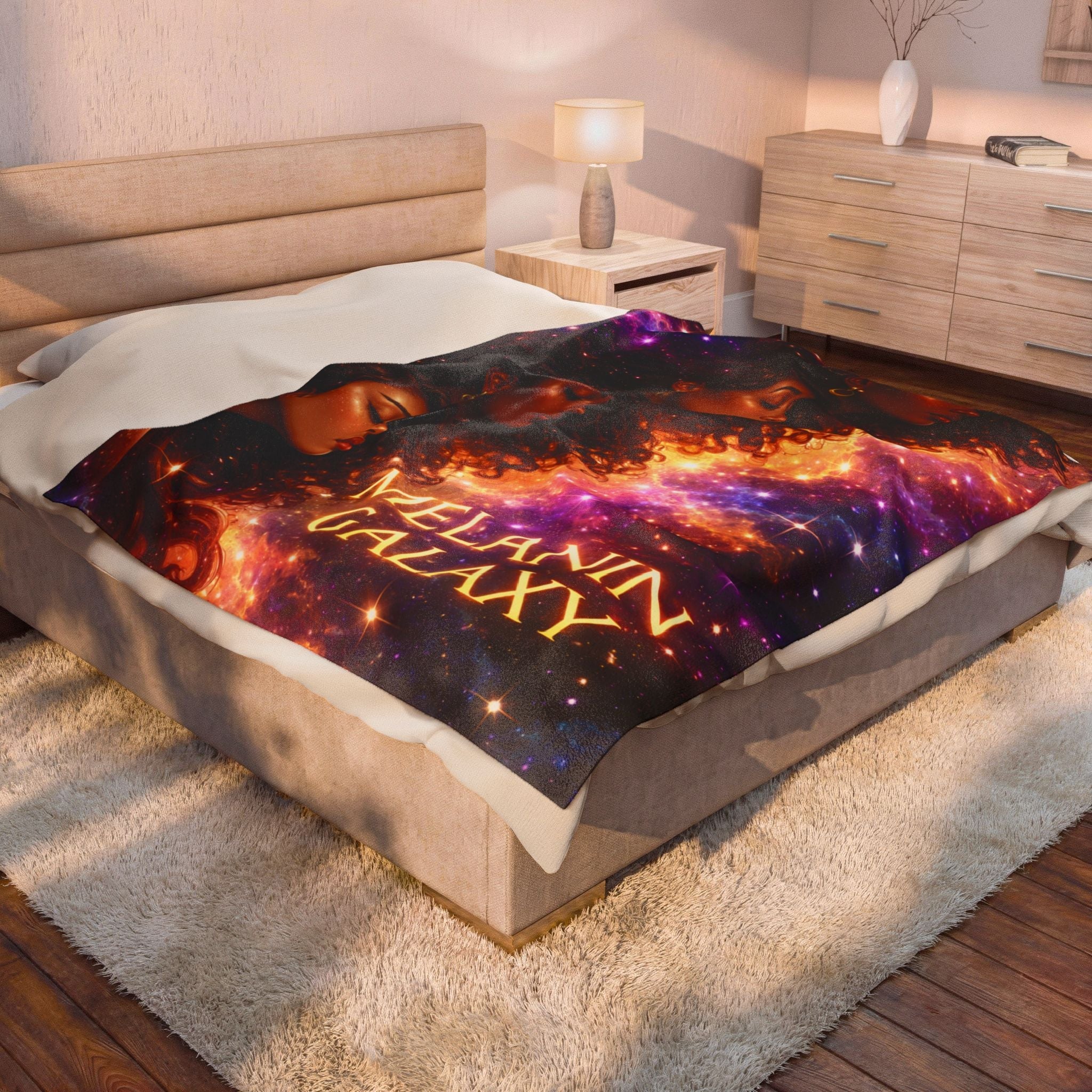 Melanin Galaxy Velveteen Plush Blanket — Cosmic Afrocentric Throw for Home, Gifts & Self-Care Printify