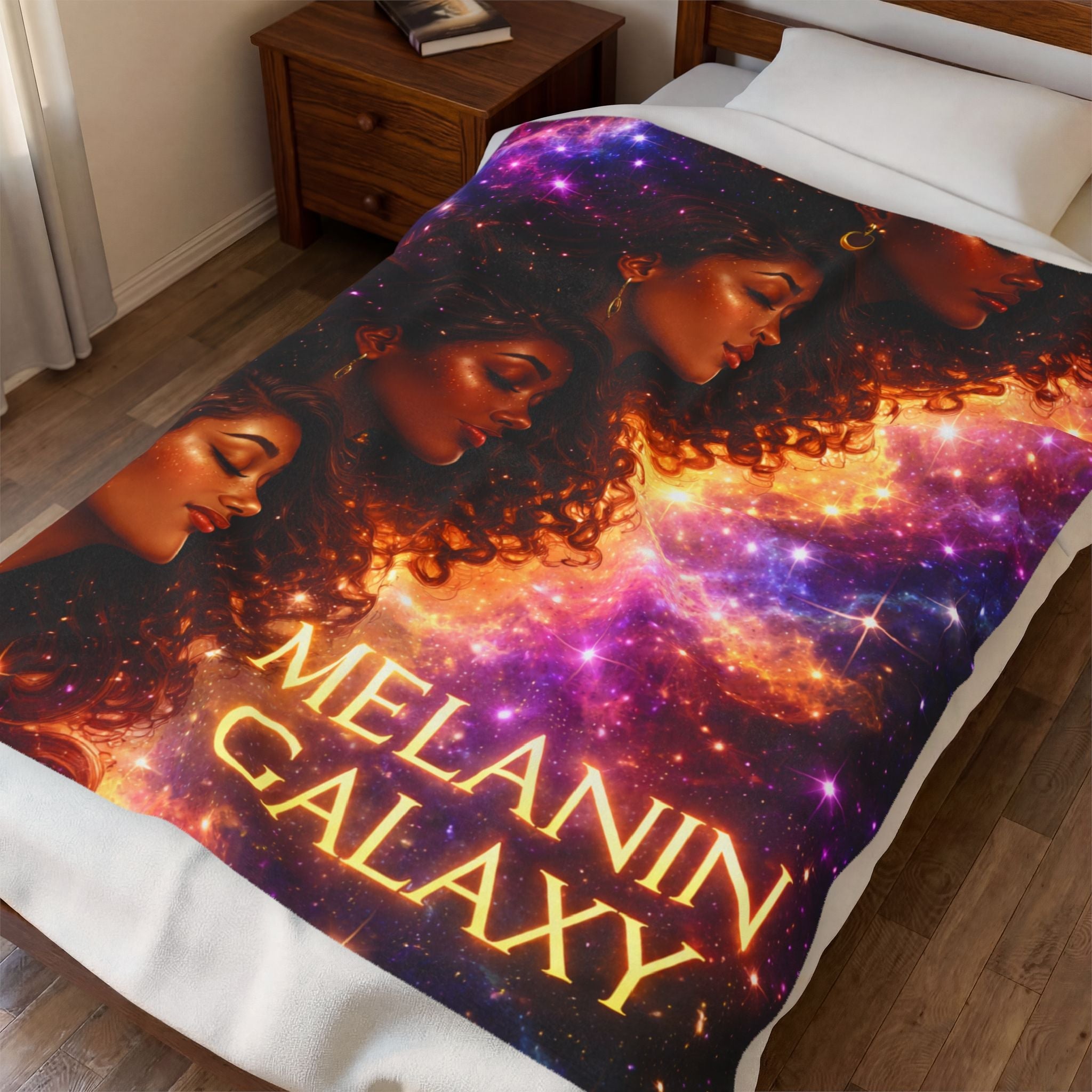Melanin Galaxy Velveteen Plush Blanket — Cosmic Afrocentric Throw for Home, Gifts & Self-Care Printify