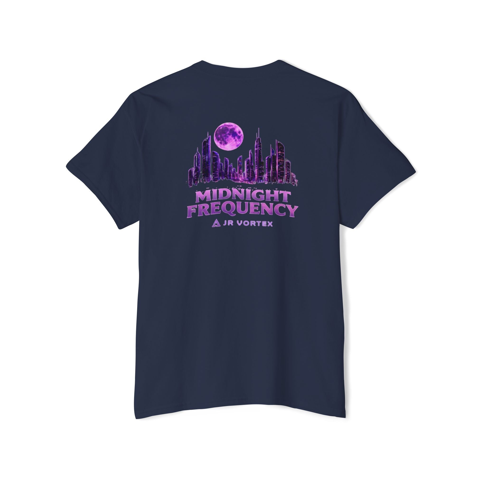 Midnight Frequency Pocket Tee — Purple Cityscape Graphic T‑Shirt Printify