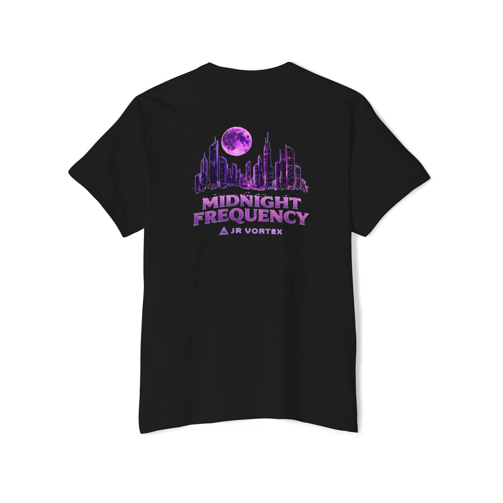 Midnight Frequency Pocket Tee — Purple Cityscape Graphic T‑Shirt Printify