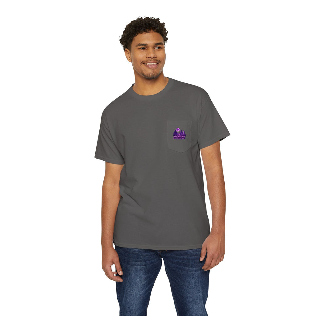 Midnight Frequency Pocket Tee — Purple Cityscape Graphic T‑Shirt Printify