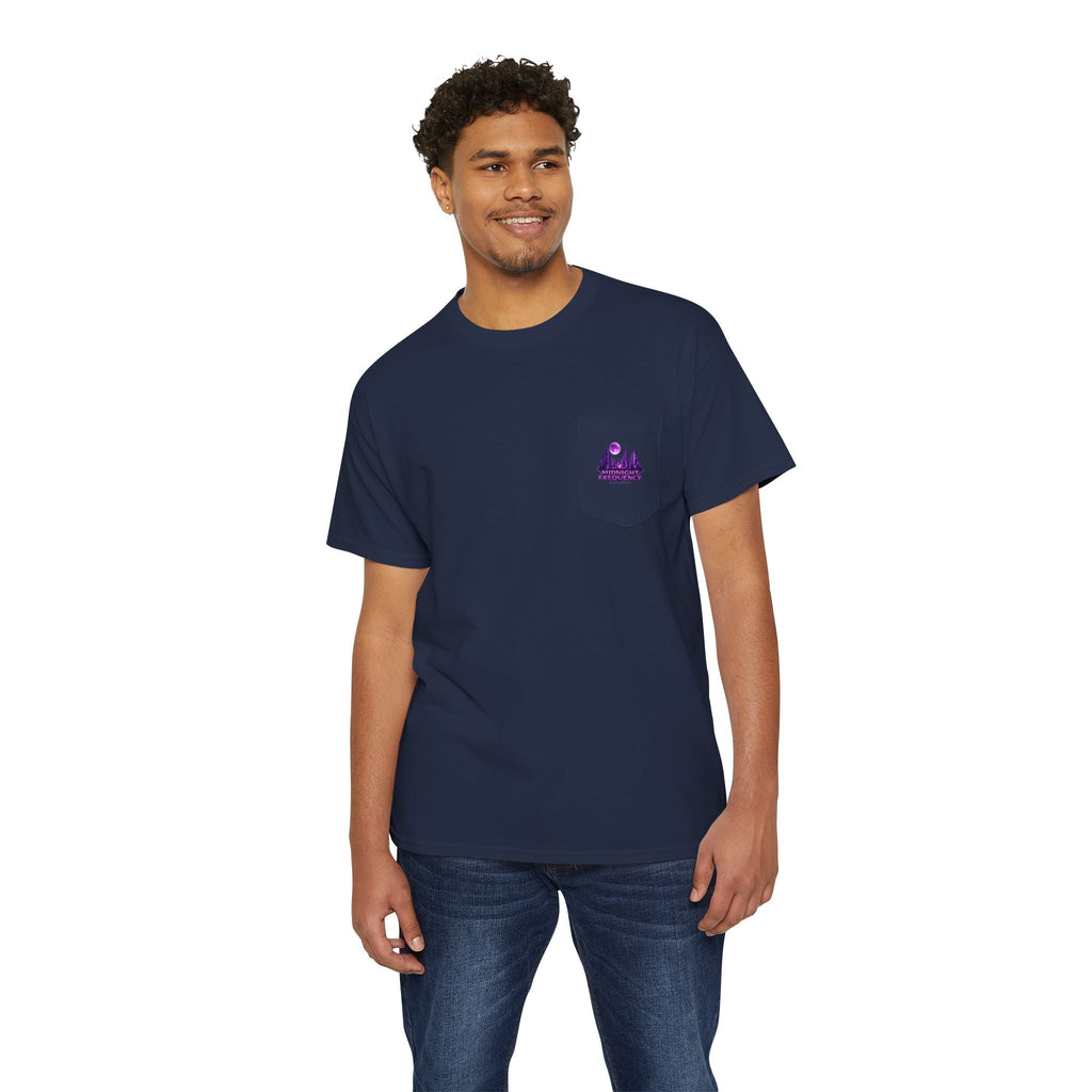 Midnight Frequency Pocket Tee — Purple Cityscape Graphic T‑Shirt Printify