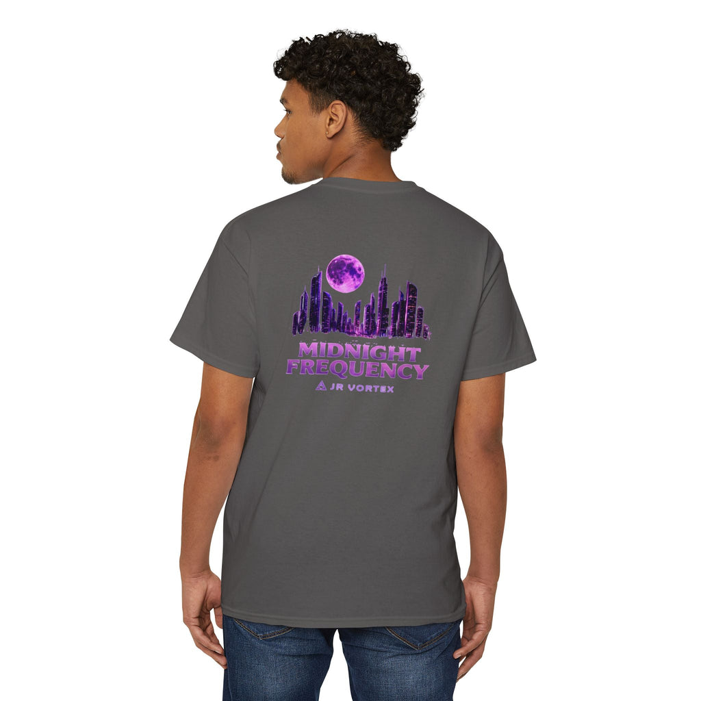 Midnight Frequency Pocket Tee — Purple Cityscape Graphic T‑Shirt Printify