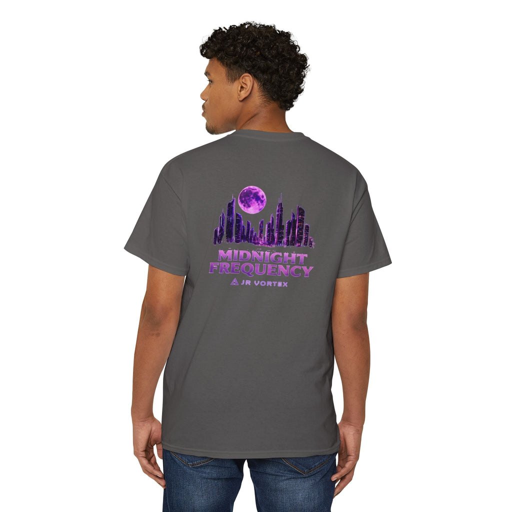 Midnight Frequency Pocket Tee — Purple Cityscape Graphic T‑Shirt Printify