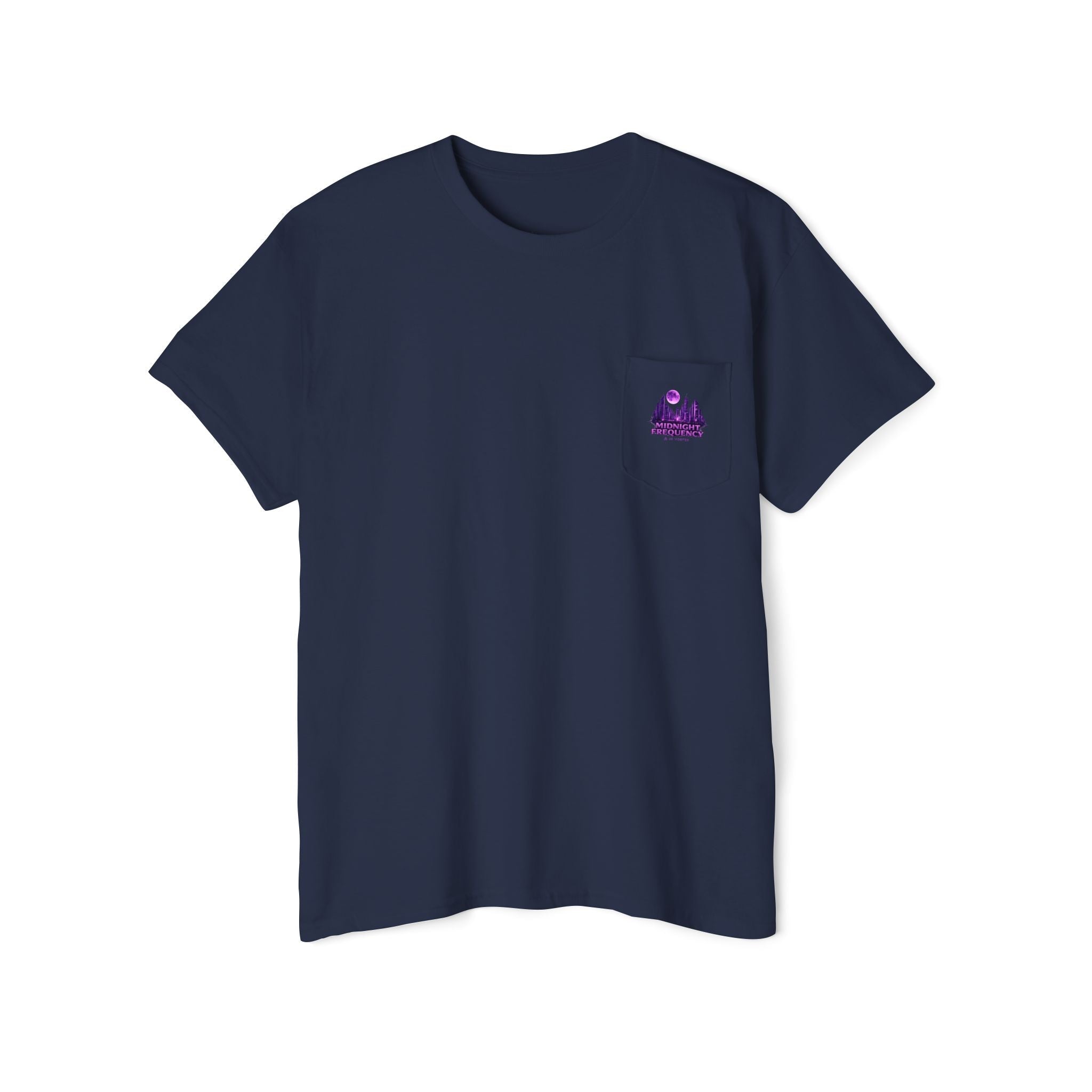 Midnight Frequency Pocket Tee — Purple Cityscape Graphic T‑Shirt Printify