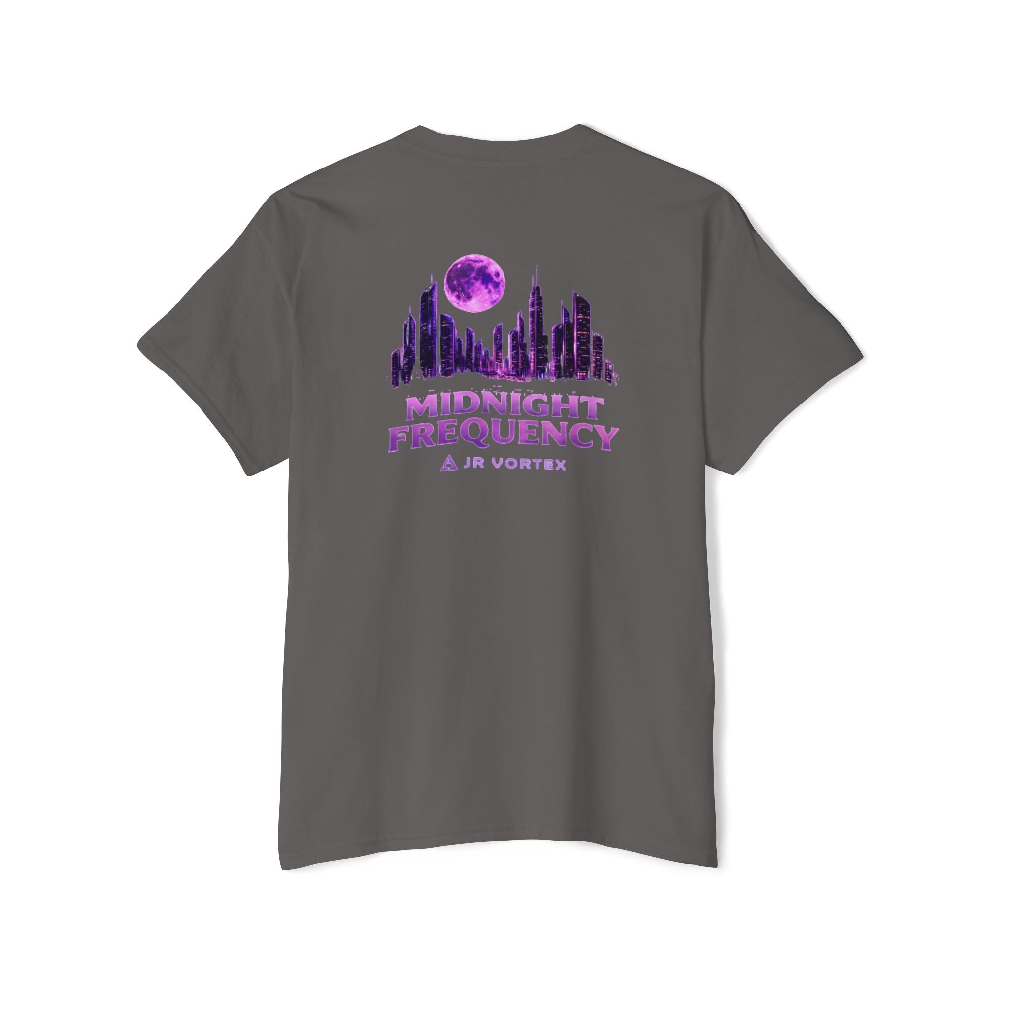 Midnight Frequency Pocket Tee — Purple Cityscape Graphic T‑Shirt Printify