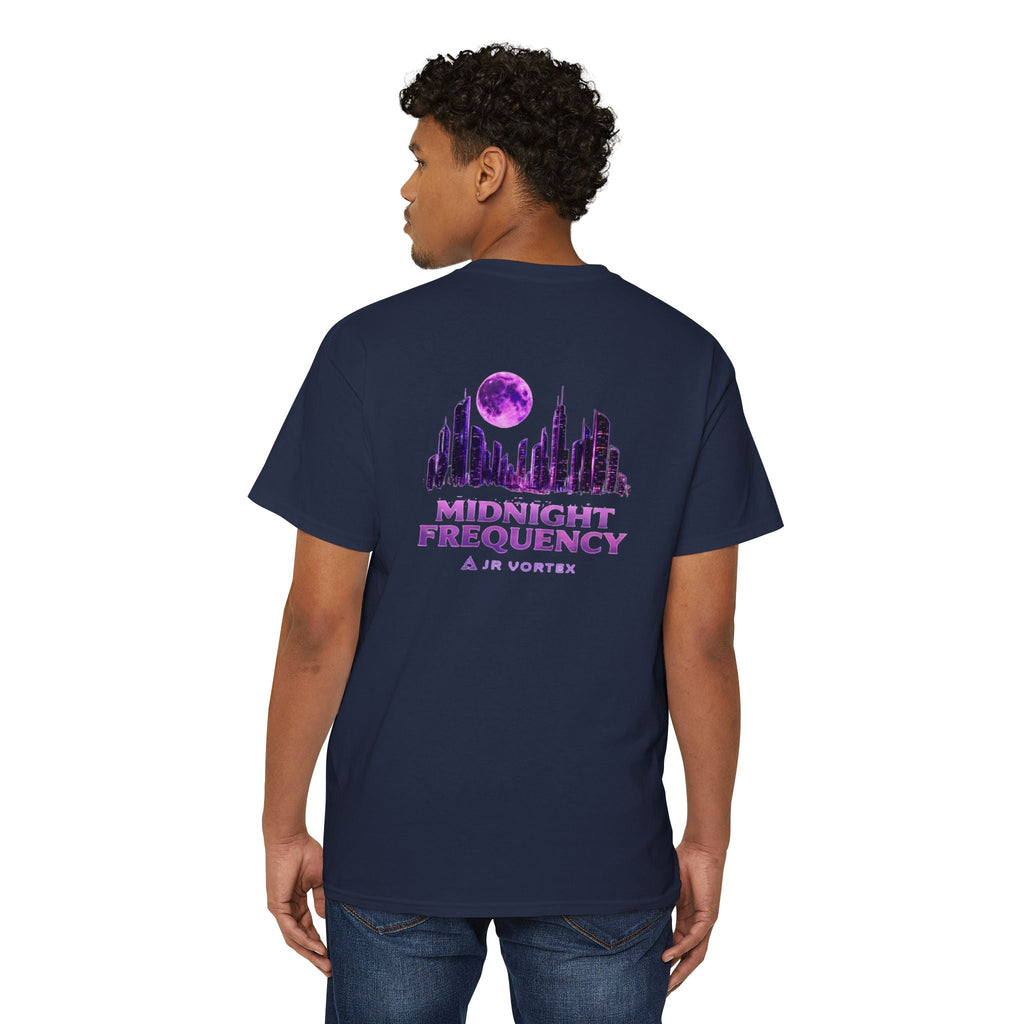 Midnight Frequency Pocket Tee — Purple Cityscape Graphic T‑Shirt Printify