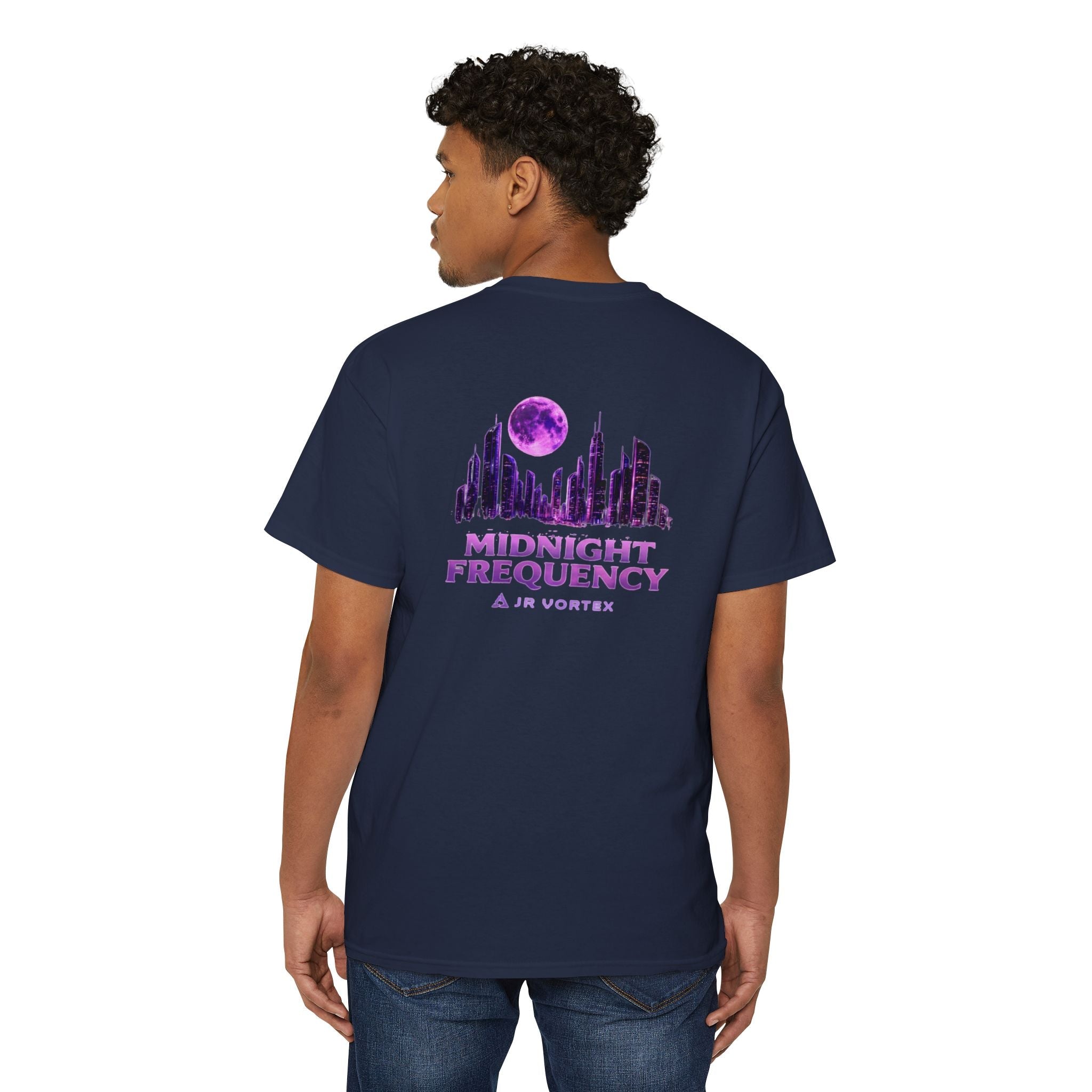 Midnight Frequency Pocket Tee — Purple Cityscape Graphic T‑Shirt Printify