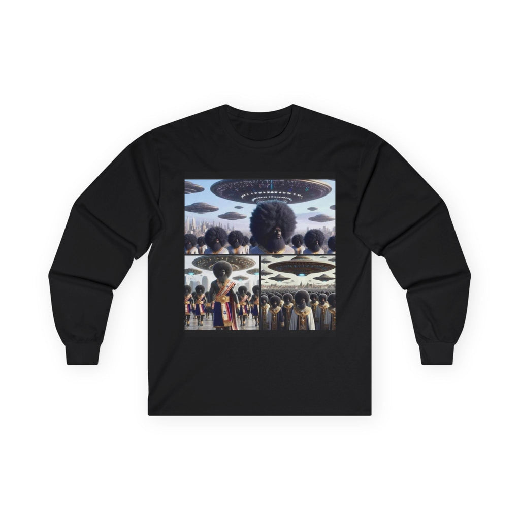 Mothership Arrival Long Sleeve by JR Vortex – Cosmic Roots sci-fi streetwear