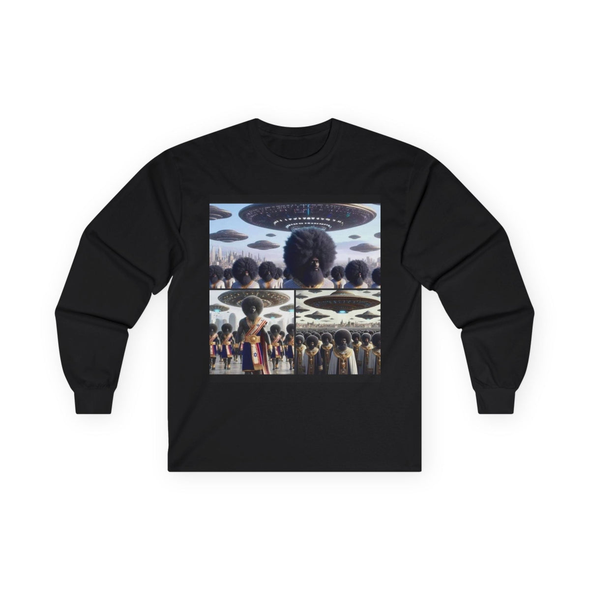 Mothership Arrival Long Sleeve by JR Vortex – Cosmic Roots sci-fi streetwear