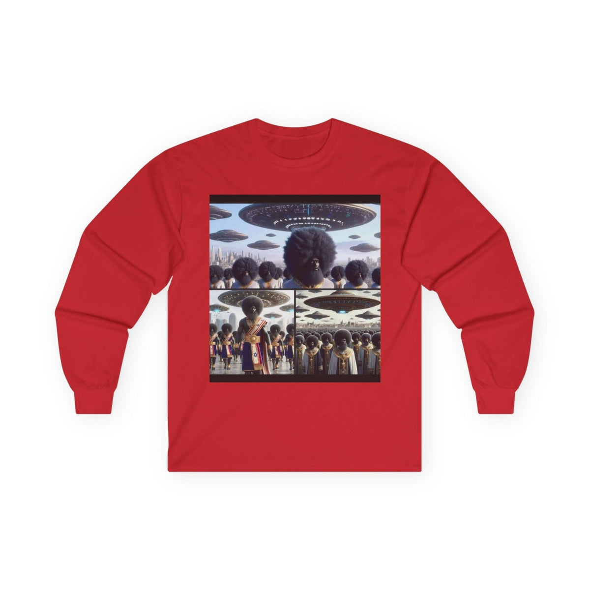 Mothership Arrival Long Sleeve by JR Vortex – Cosmic Roots sci-fi streetwear