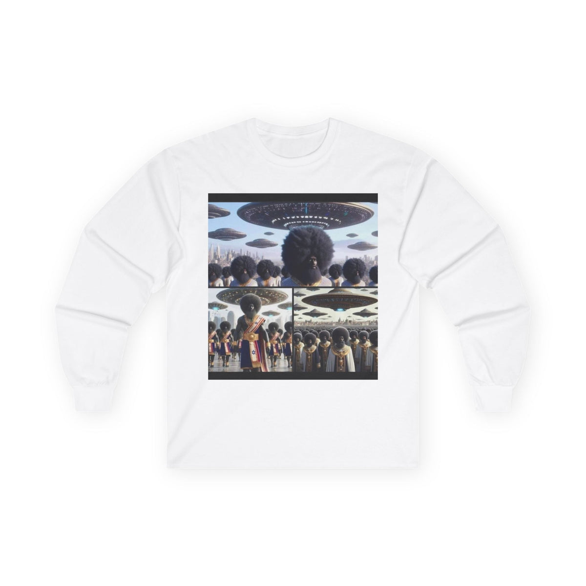 Mothership Arrival Long Sleeve by JR Vortex – Cosmic Roots sci-fi streetwear