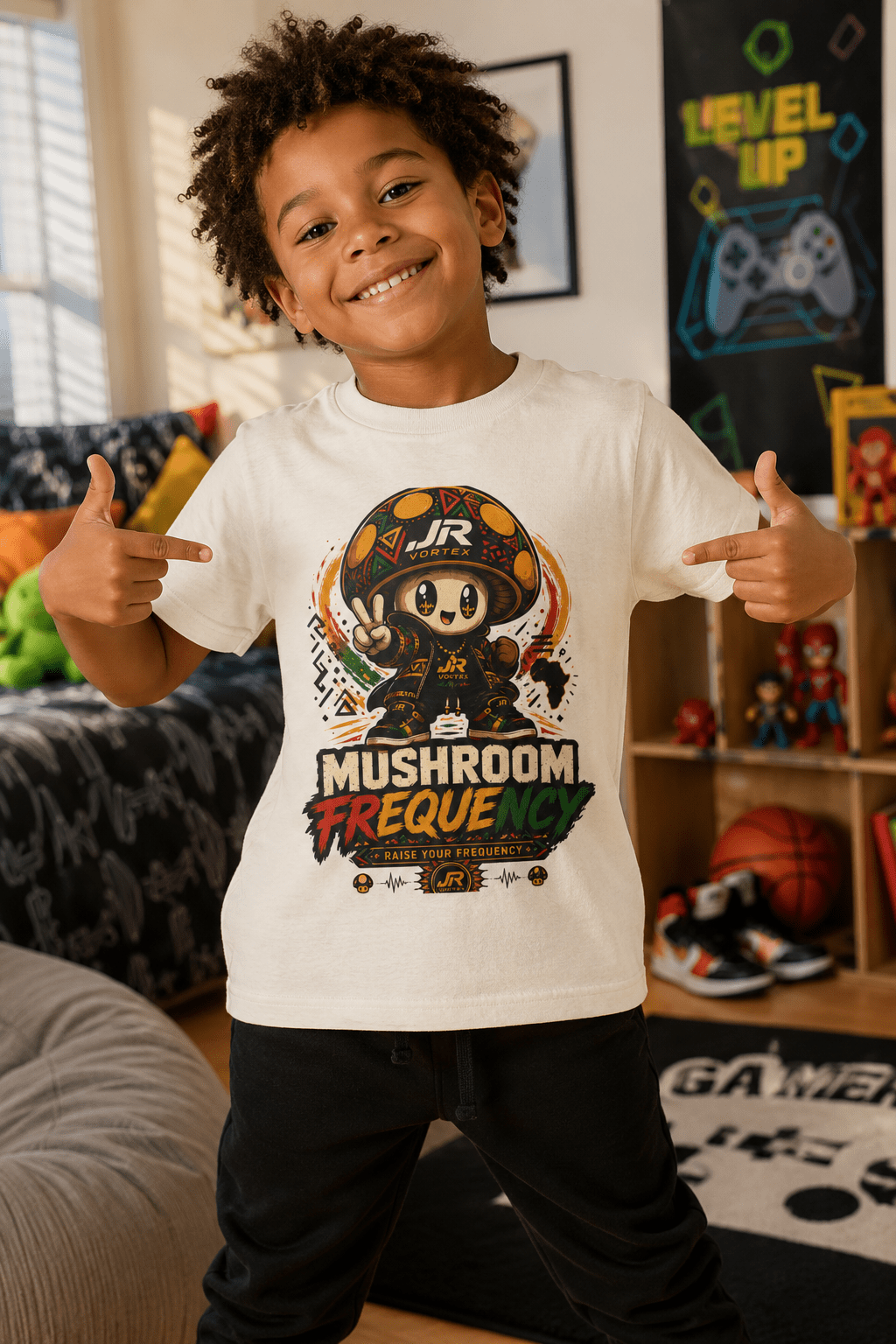 Mushroom Frequency Youth Tee — Playful Peace Sign Graphic