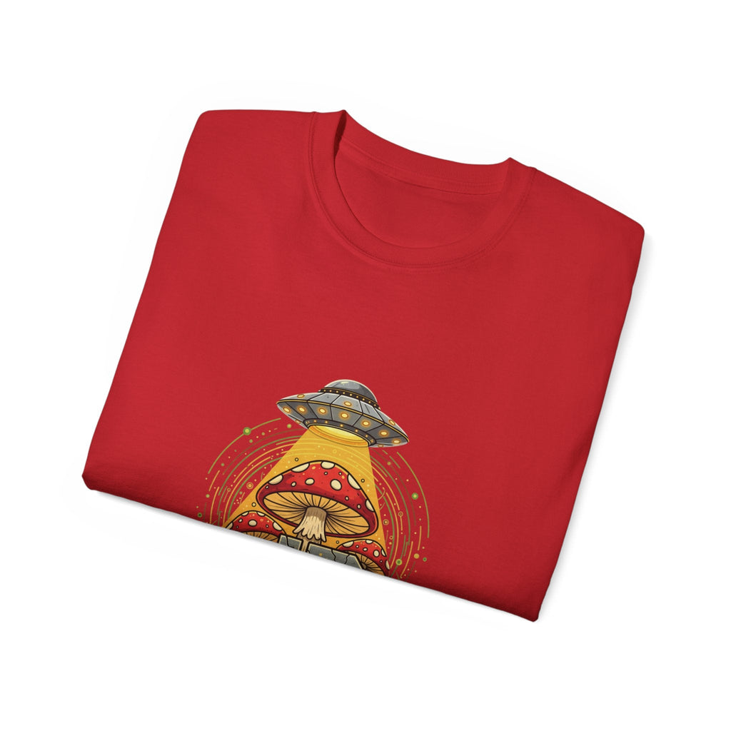 Mushroom UFO Vortex Tee — Retro Psychedelic Alien Abduction Graphic T-Shirt