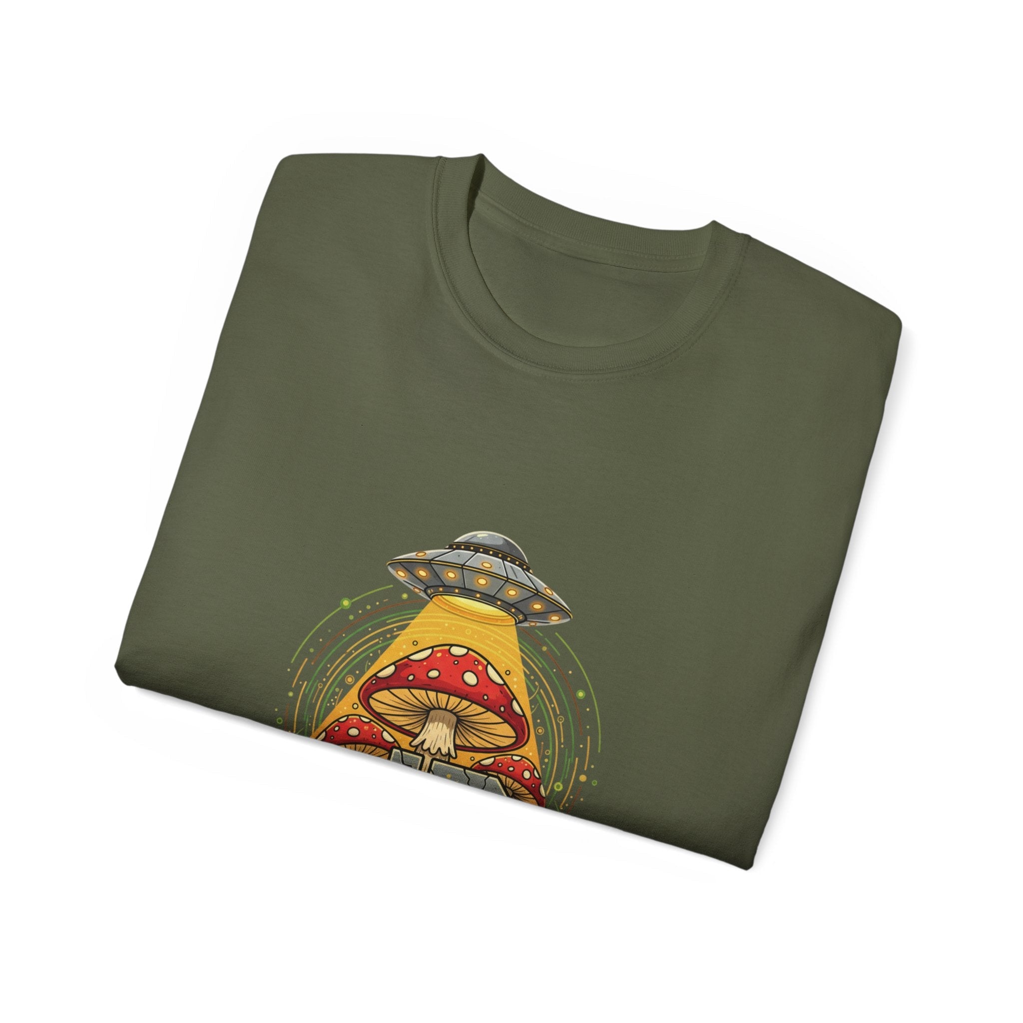 Mushroom UFO Vortex Tee — Retro Psychedelic Alien Abduction Graphic T-Shirt