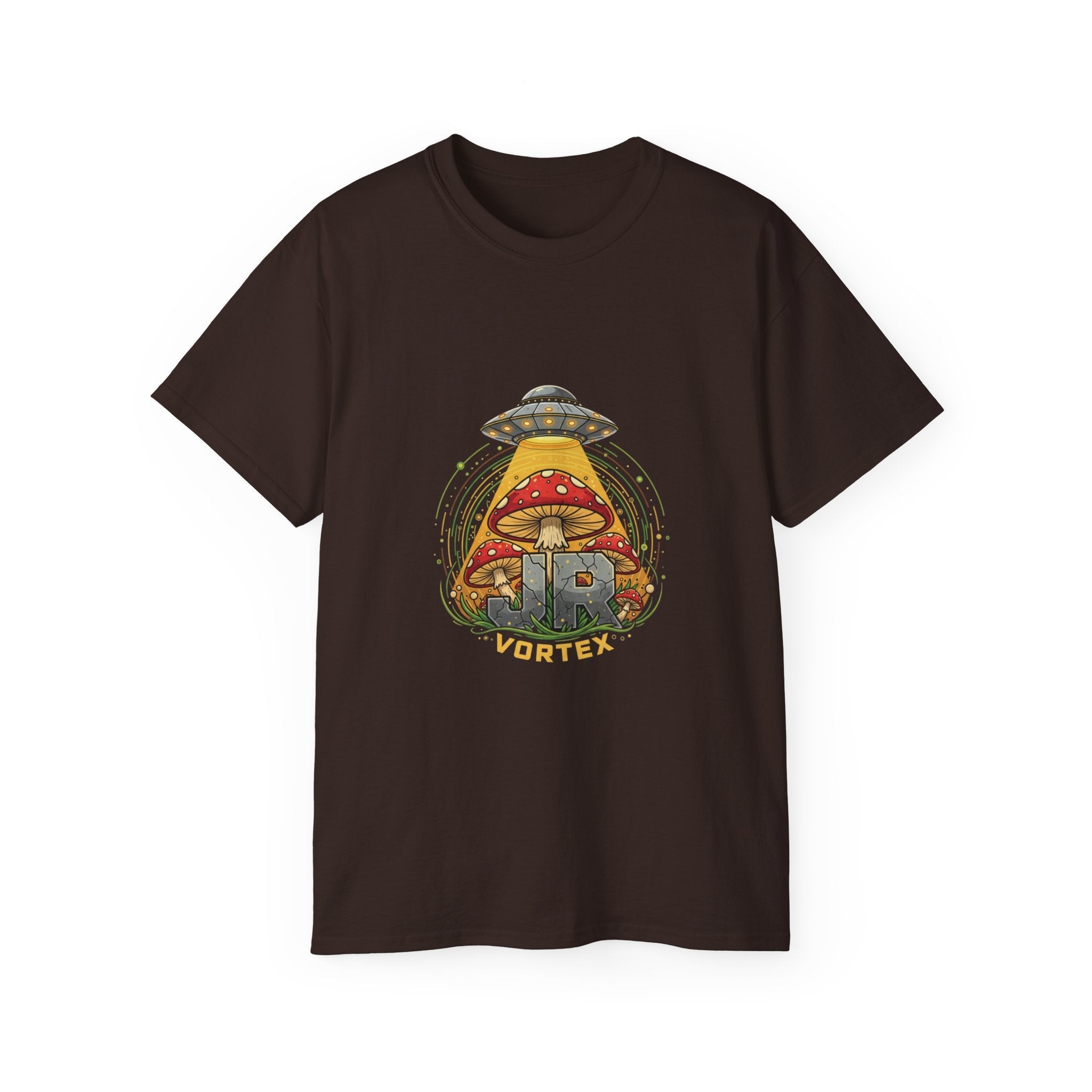 Mushroom UFO Vortex Tee — Retro Psychedelic Alien Abduction Graphic T-Shirt