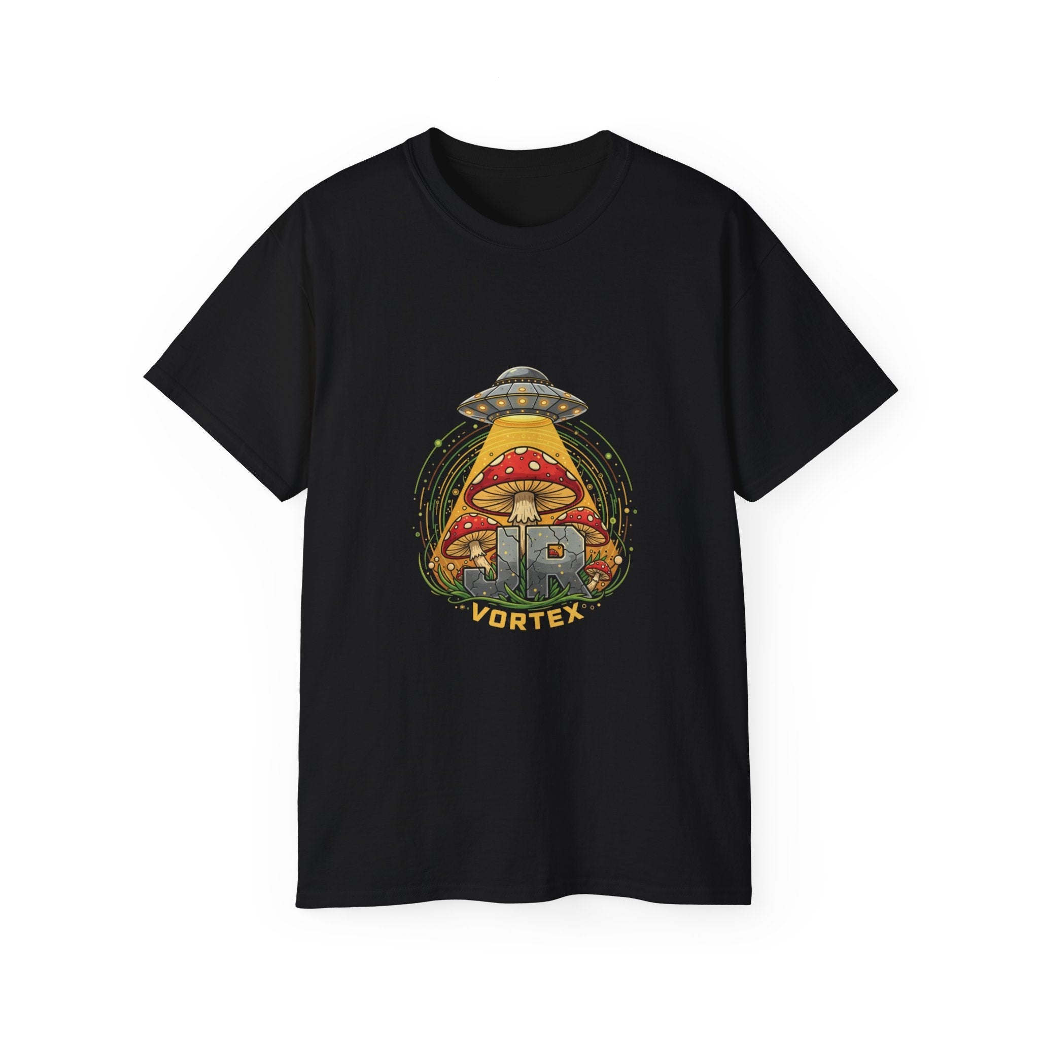 Mushroom UFO Vortex Tee — Retro Psychedelic Alien Abduction Graphic T-Shirt