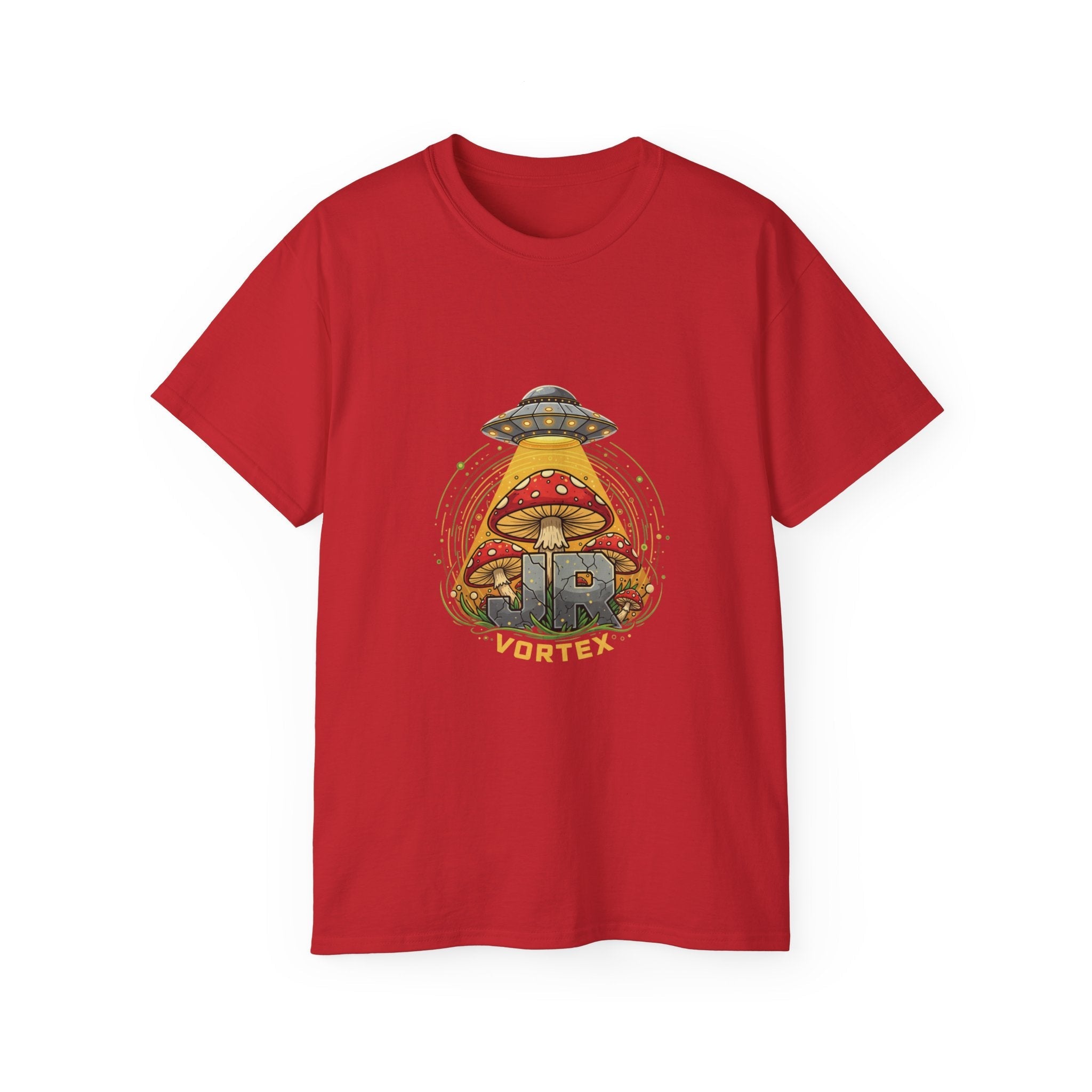 Mushroom UFO Vortex Tee — Retro Psychedelic Alien Abduction Graphic T-Shirt