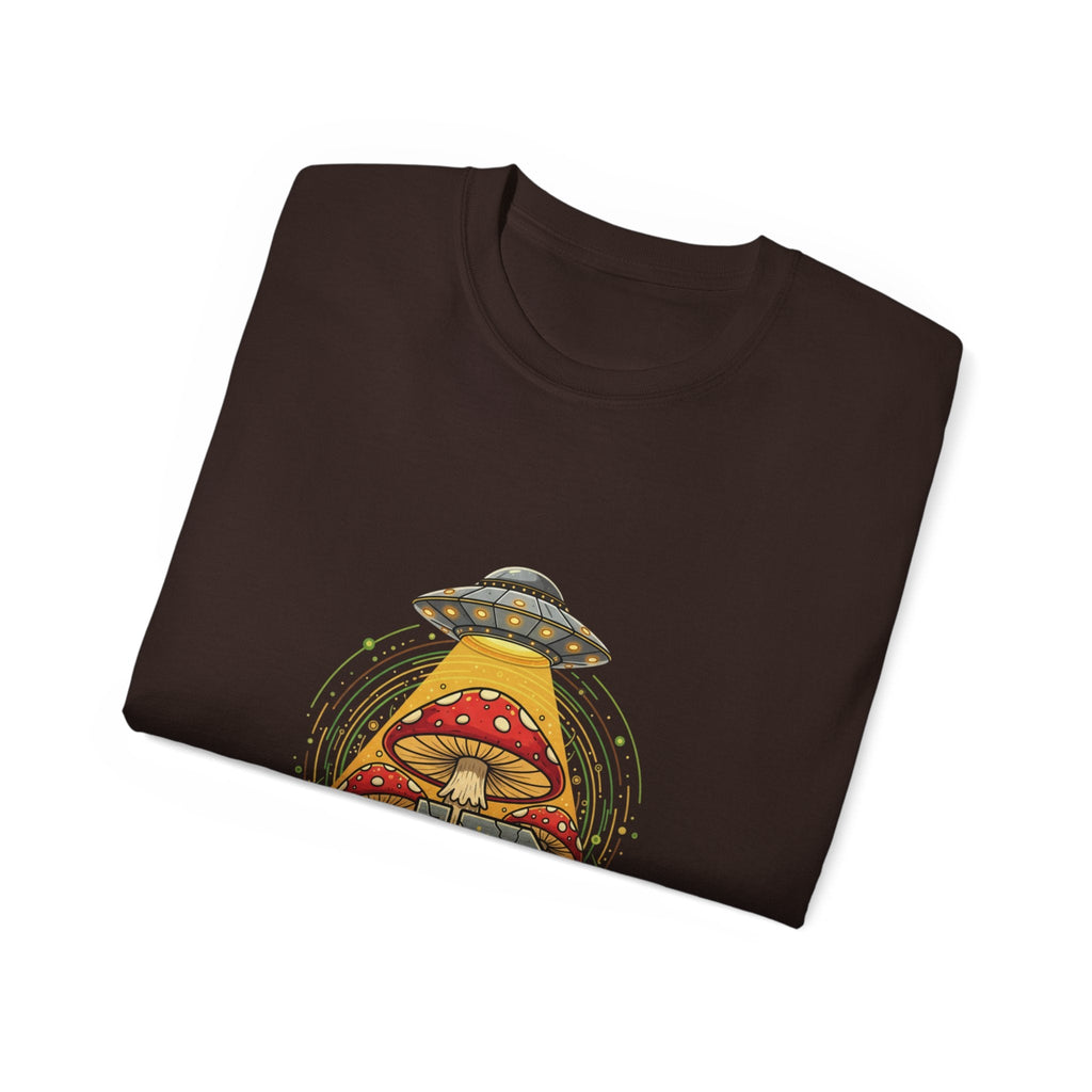 Mushroom UFO Vortex Tee — Retro Psychedelic Alien Abduction Graphic T-Shirt