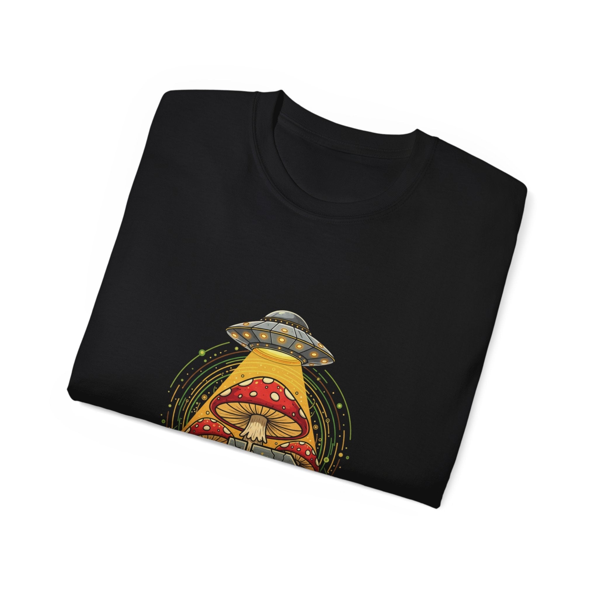 Mushroom UFO Vortex Tee — Retro Psychedelic Alien Abduction Graphic T-Shirt