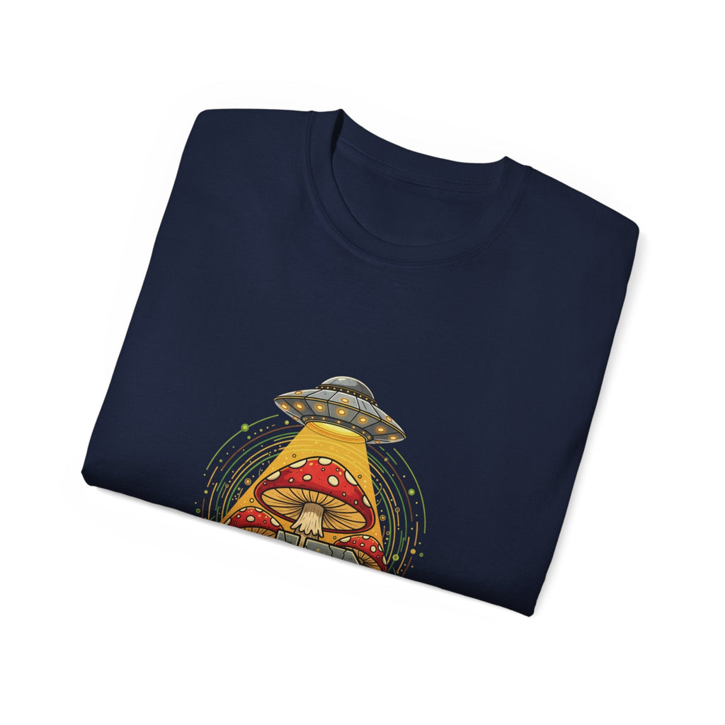 Mushroom UFO Vortex Tee — Retro Psychedelic Alien Abduction Graphic T-Shirt