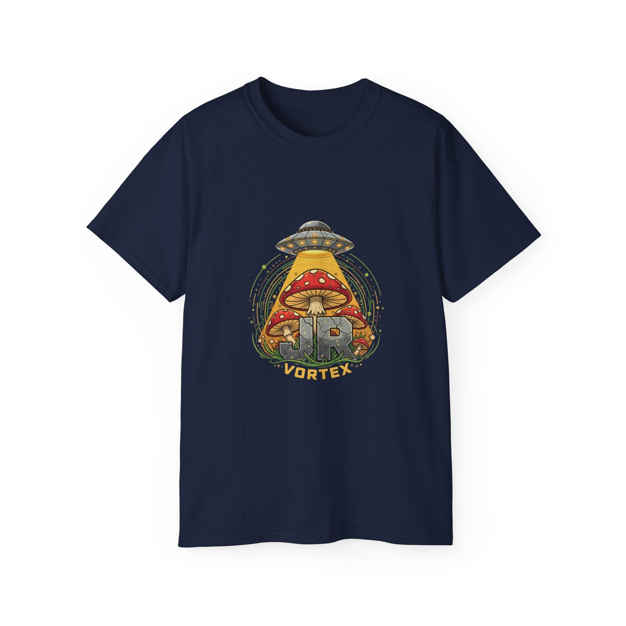 Mushroom UFO Vortex Tee — Retro Psychedelic Alien Abduction Graphic T-Shirt