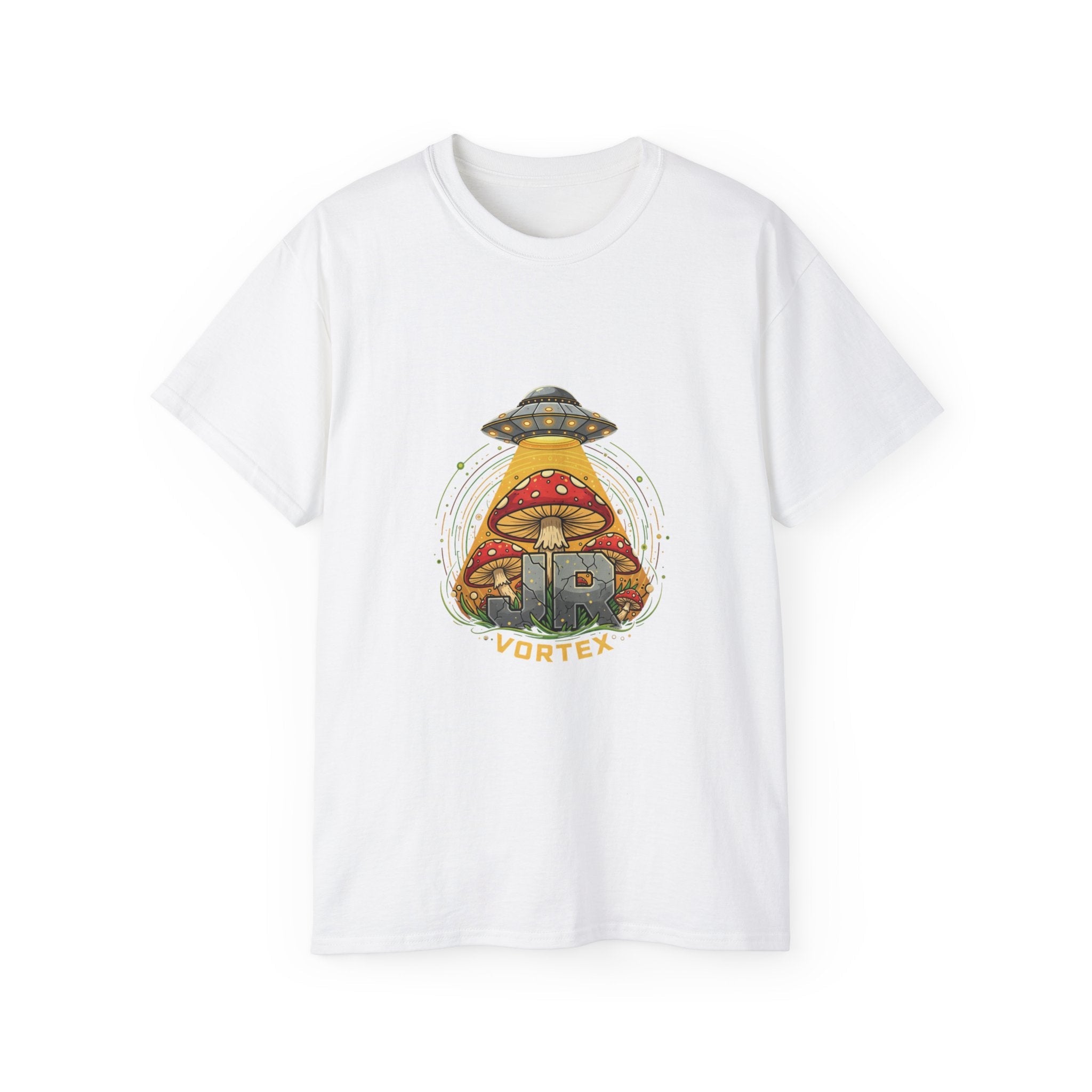 Mushroom UFO Vortex Tee — Retro Psychedelic Alien Abduction Graphic T-Shirt