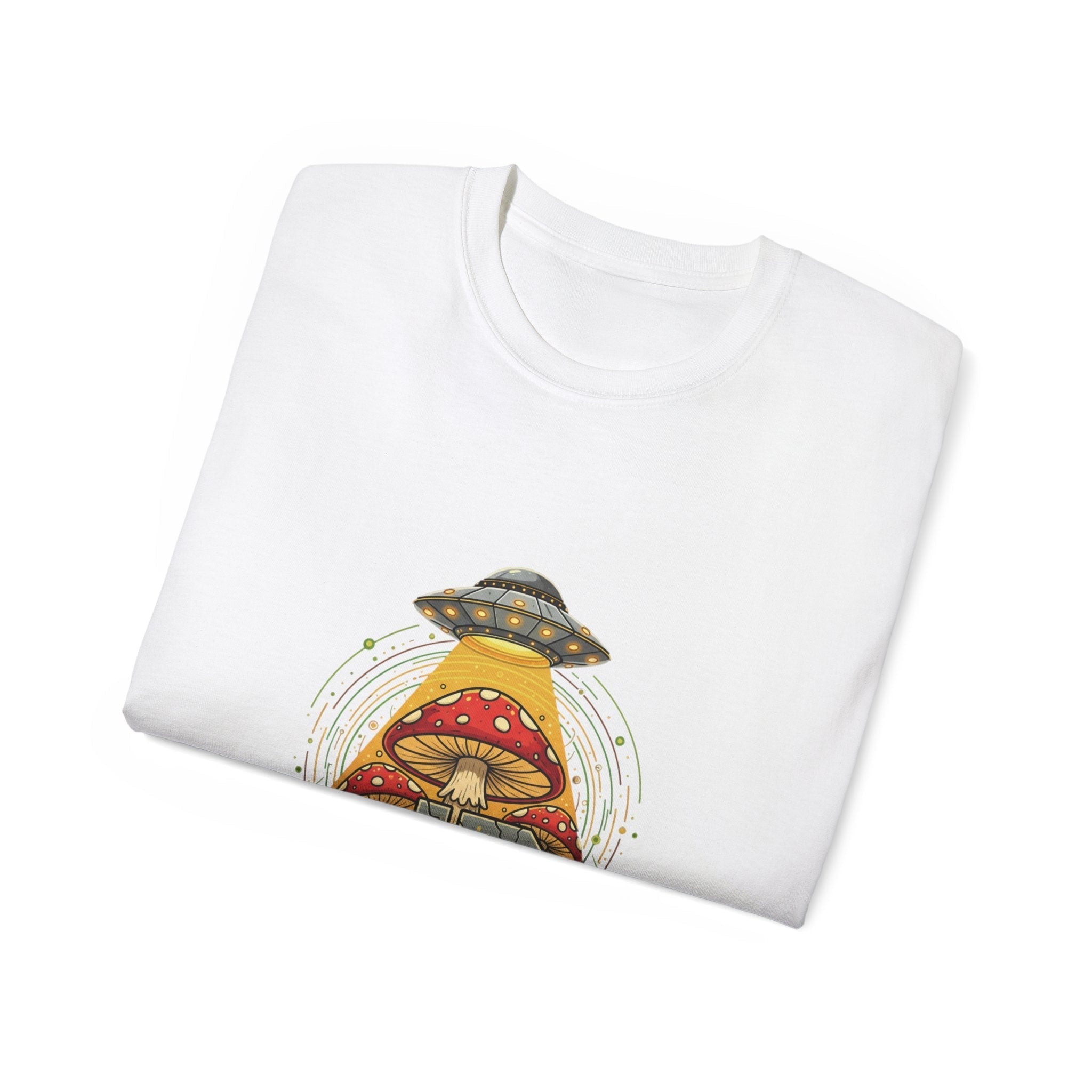 Mushroom UFO Vortex Tee — Retro Psychedelic Alien Abduction Graphic T-Shirt Printify