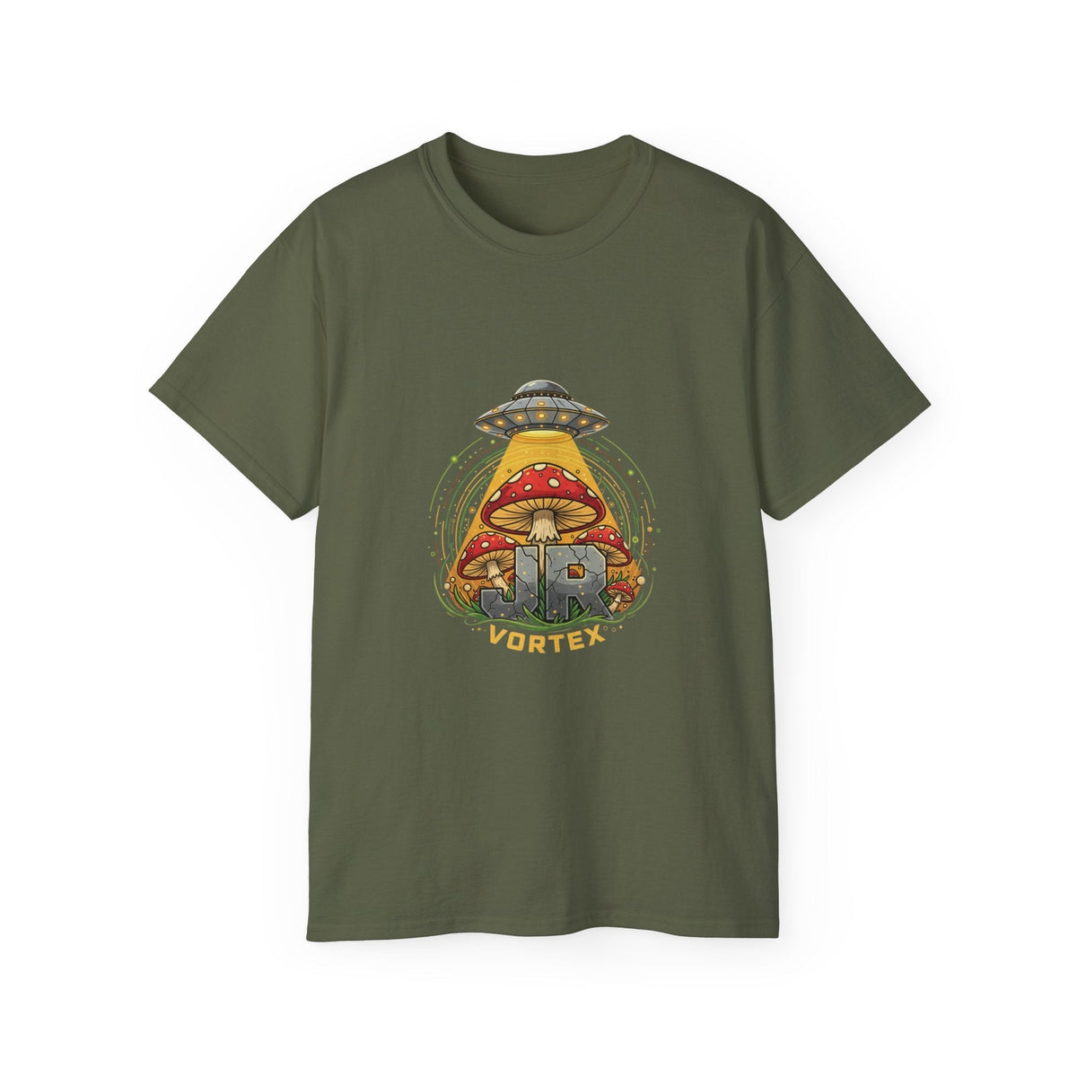 Mushroom UFO Vortex Tee — Retro Psychedelic Alien Abduction Graphic T-Shirt Printify
