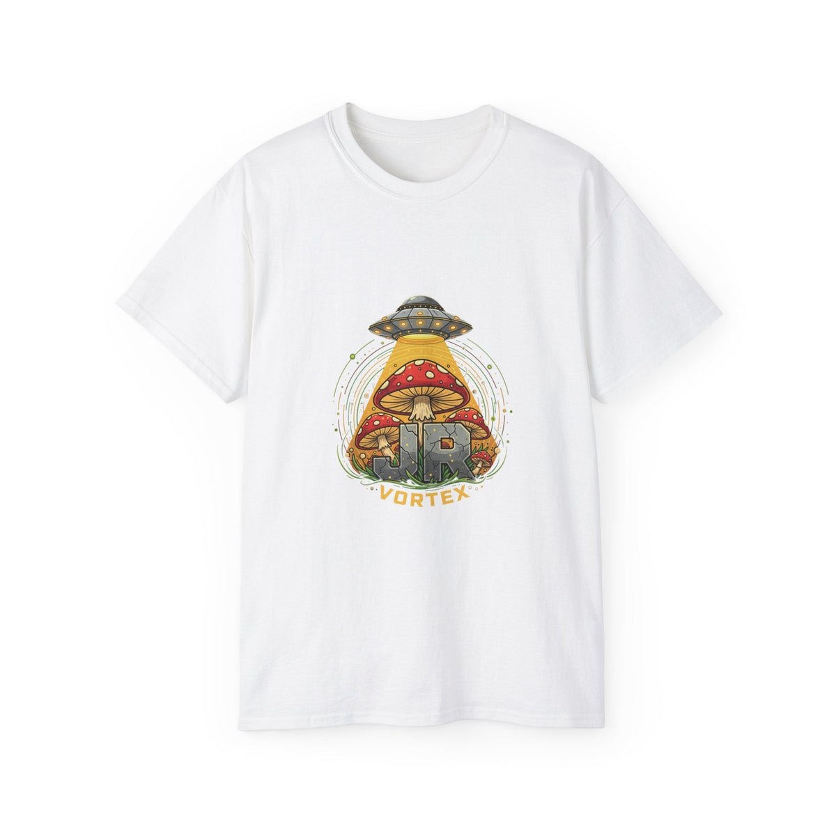 Mushroom UFO Vortex Tee — Retro Psychedelic Alien Abduction Graphic T-Shirt Printify