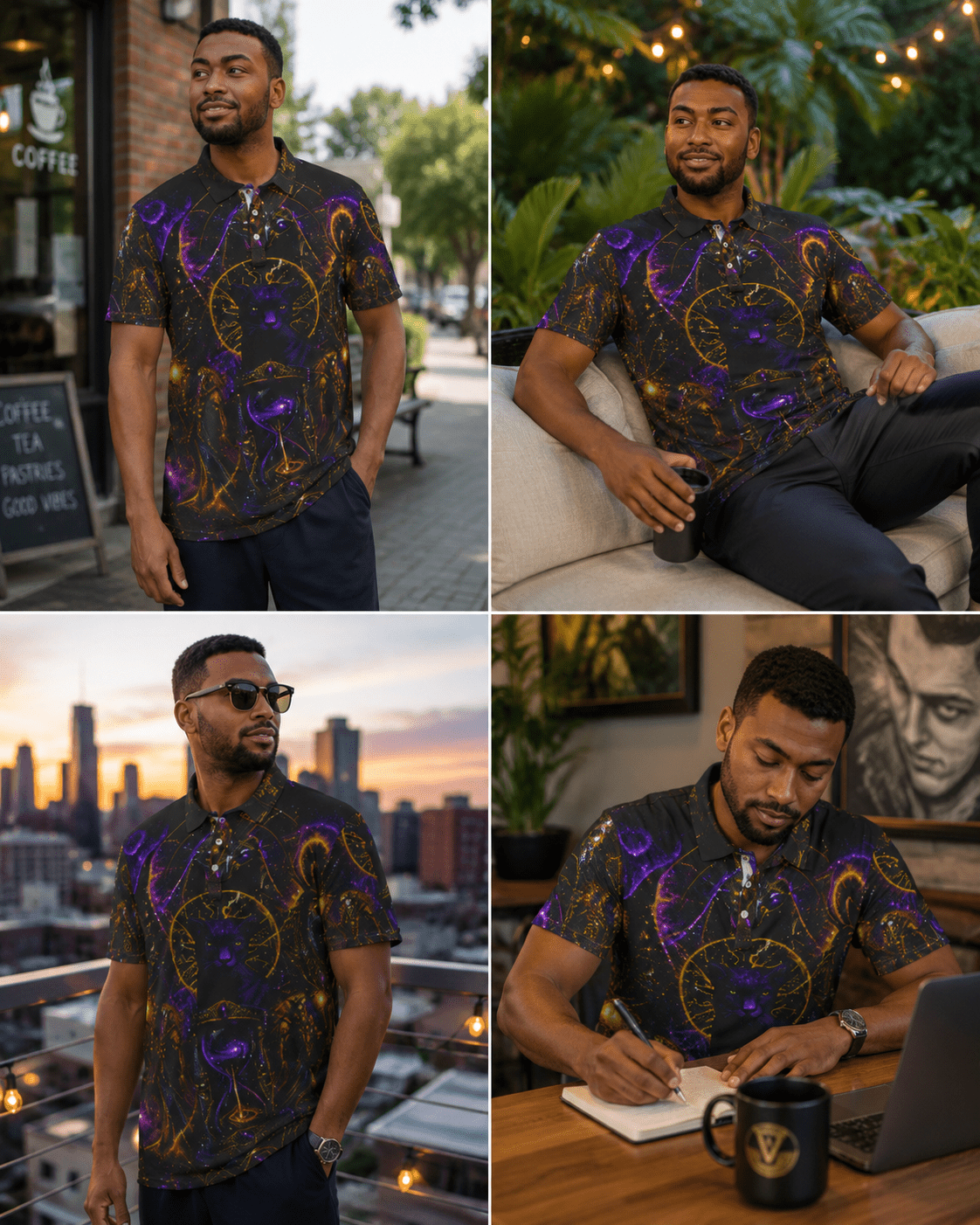 Mystic Black Cat Polo — Cosmic Occult All-Over Print Shirt