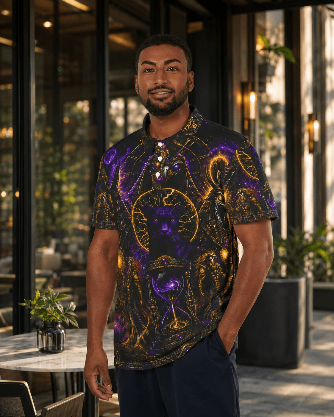 Mystic Black Cat Polo — Cosmic Occult All-Over Print Shirt