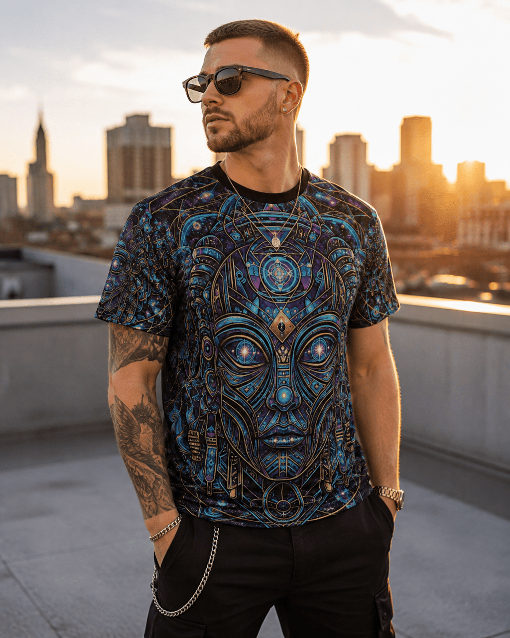Mystic Geometric Alien Mask Tee | All-Over Print