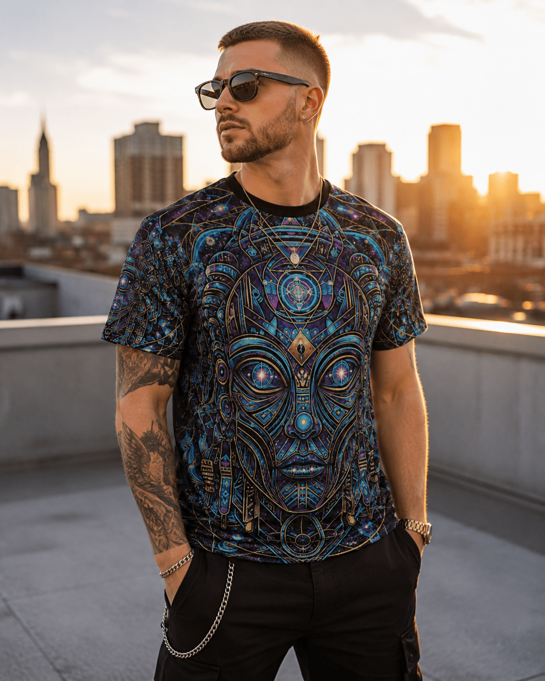 Mystic Geometric Alien Mask Tee | All-Over Print