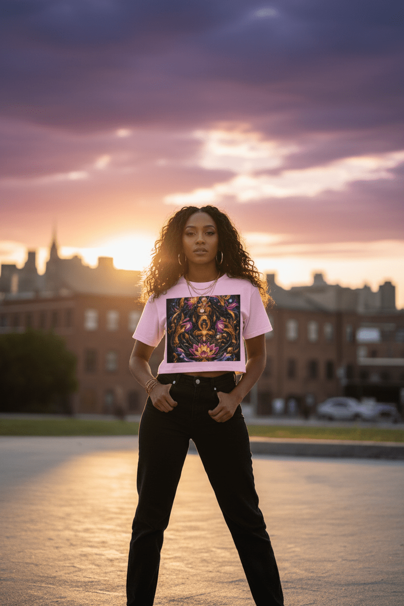 Mystic Goddess Lotus Cropped Tee — Rooftop Sunset