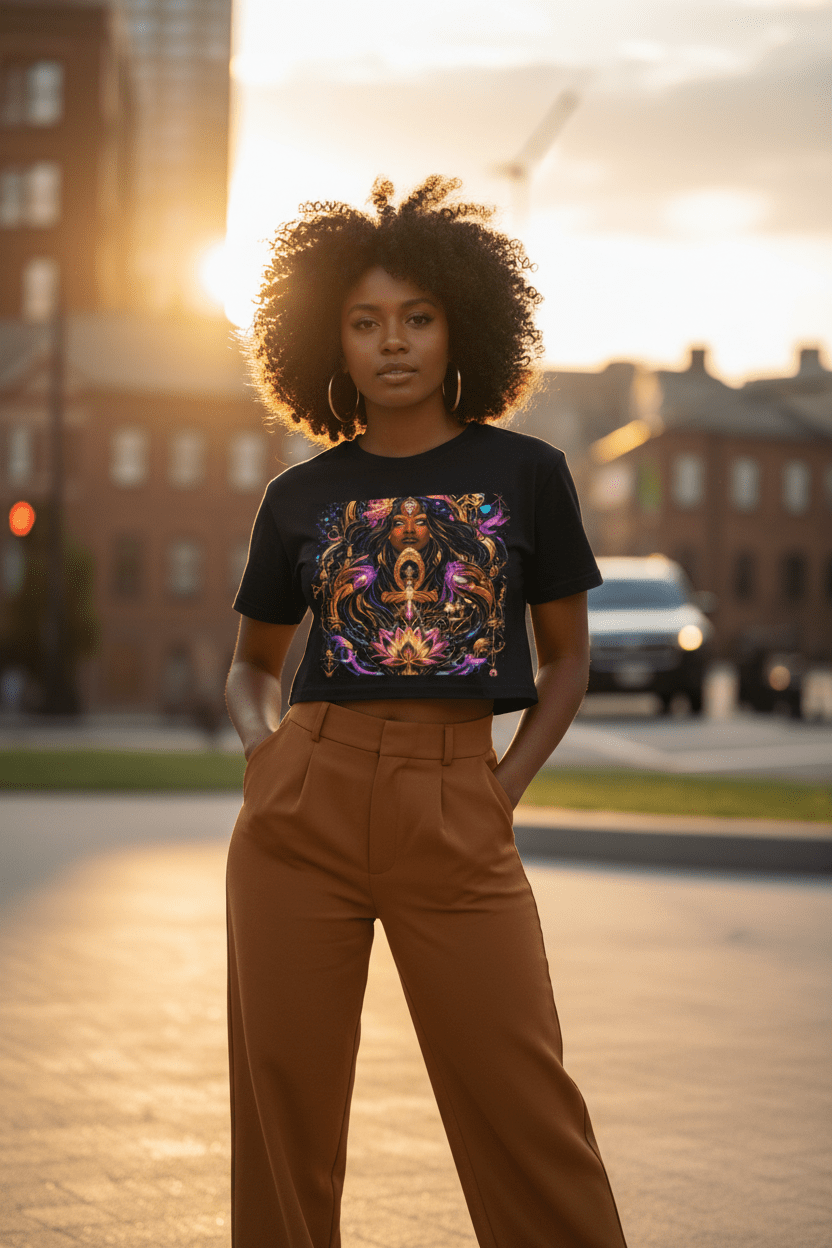 Mystic Goddess Lotus Cropped Tee — Golden Hour Street