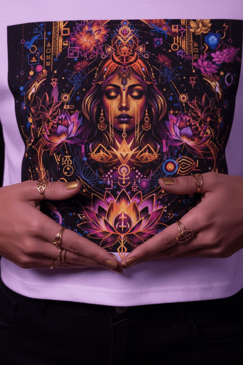 Mystic Goddess Lotus Cropped Tee — Studio Close-Up