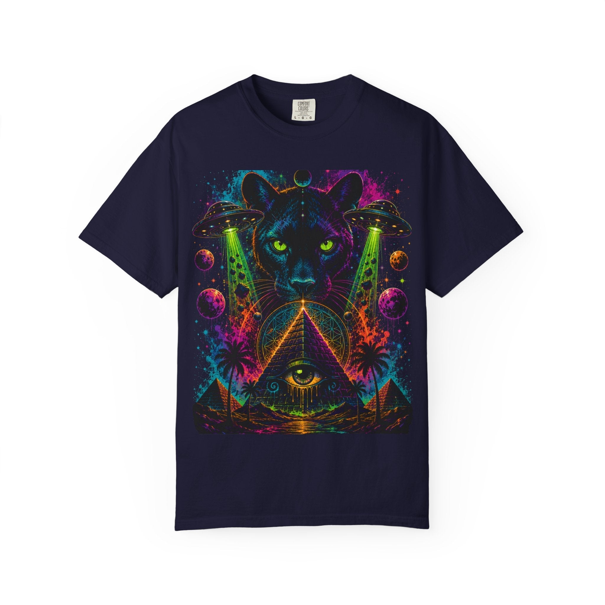 Mystic Panther Pyramid T-Shirt — Neon Psychedelic Cat Eye Graphic Tee